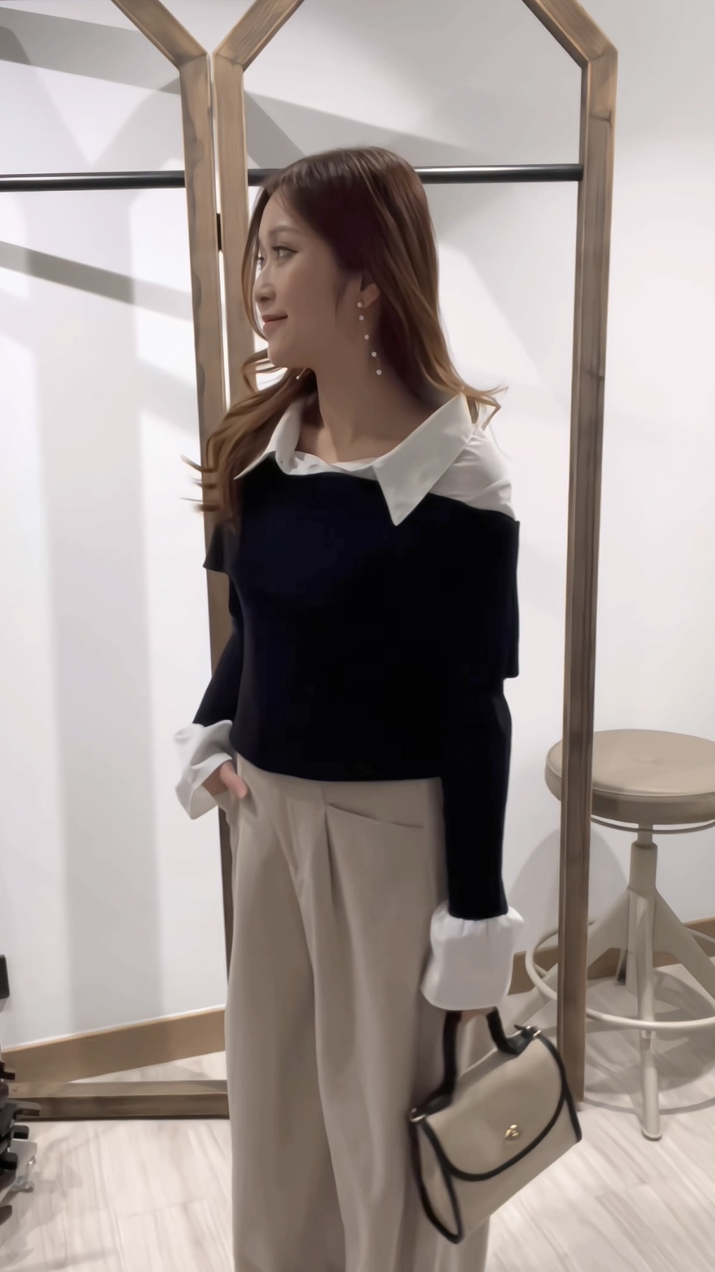 假兩件針織拼色恤衫(JP)[黑色]309508