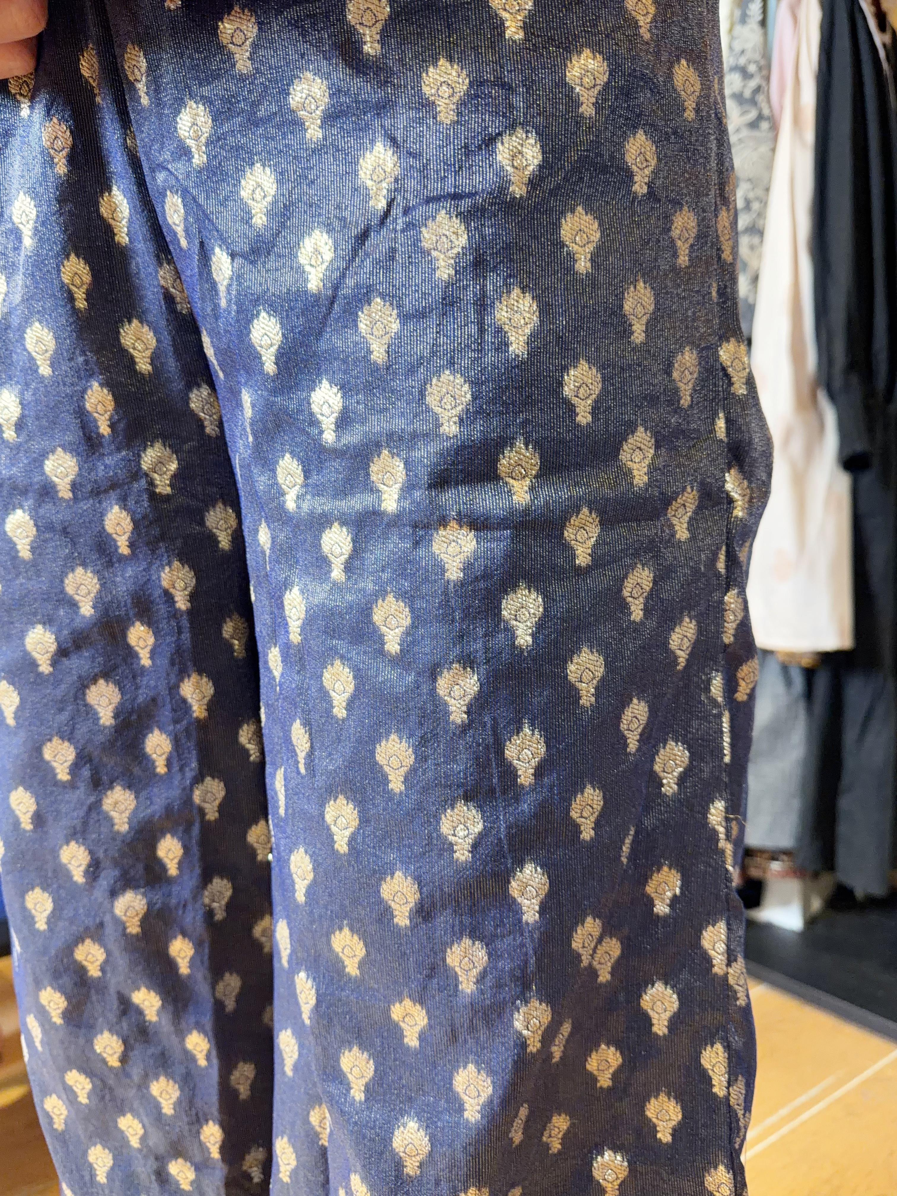 Navy Blue Chiffon Silky Gold Print Pants 38" #1109