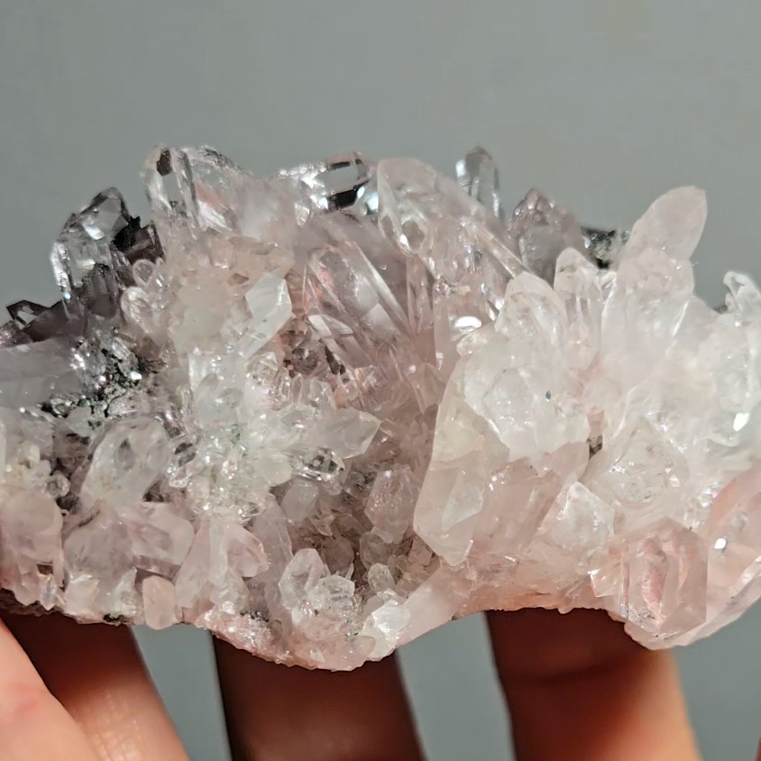 Pink Lemurian quartz cluster with green chlorite inclusions - LQ191
