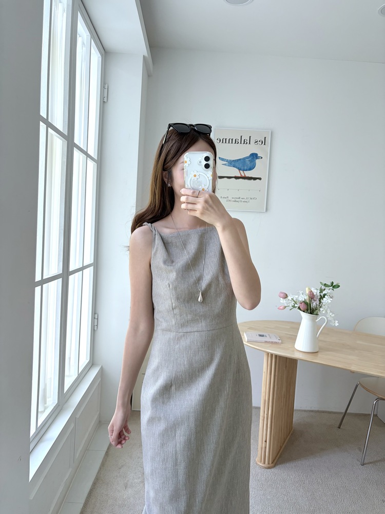 Linen Blend Twisted Strap Dress (Mocha)