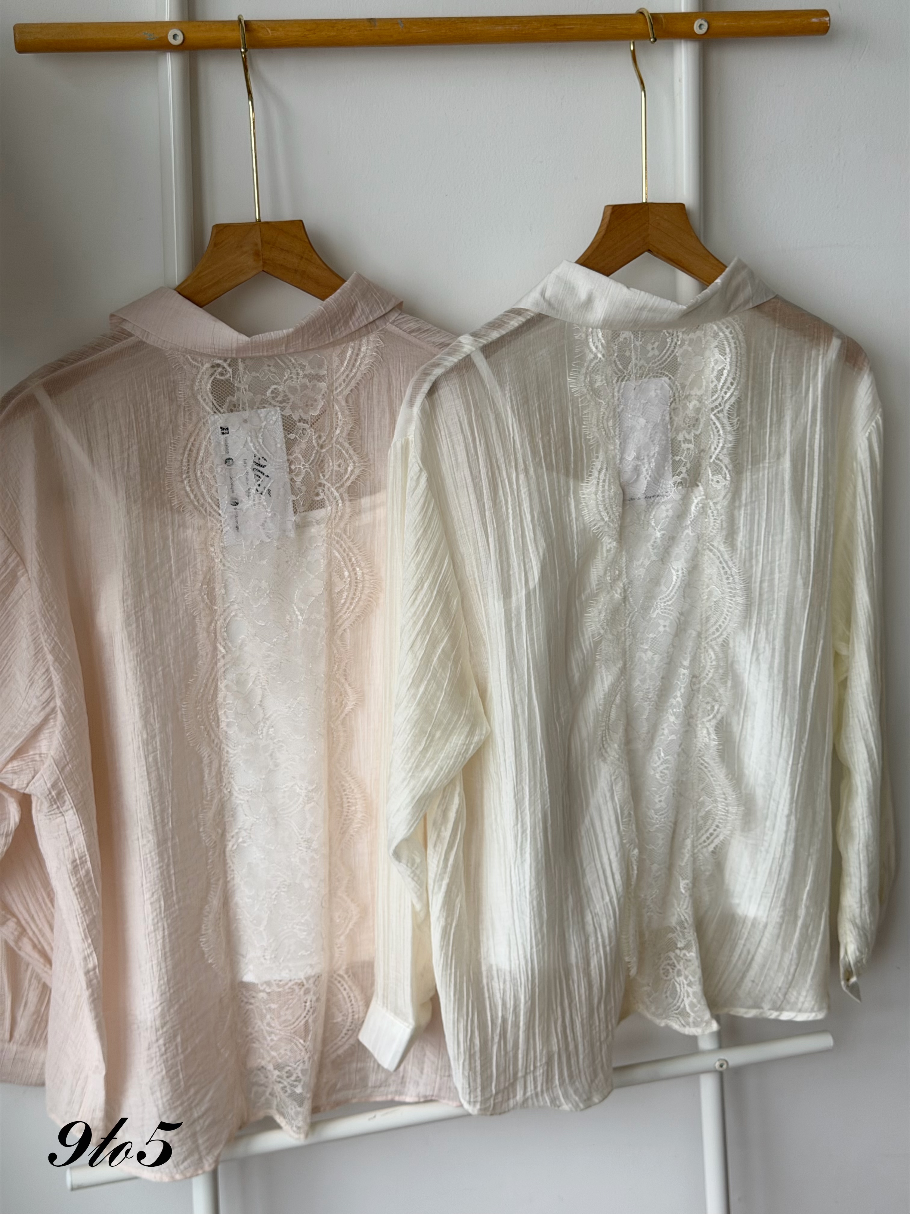 T4459 Long Sleeve Semi-sheer Shirt - Cream & Pink