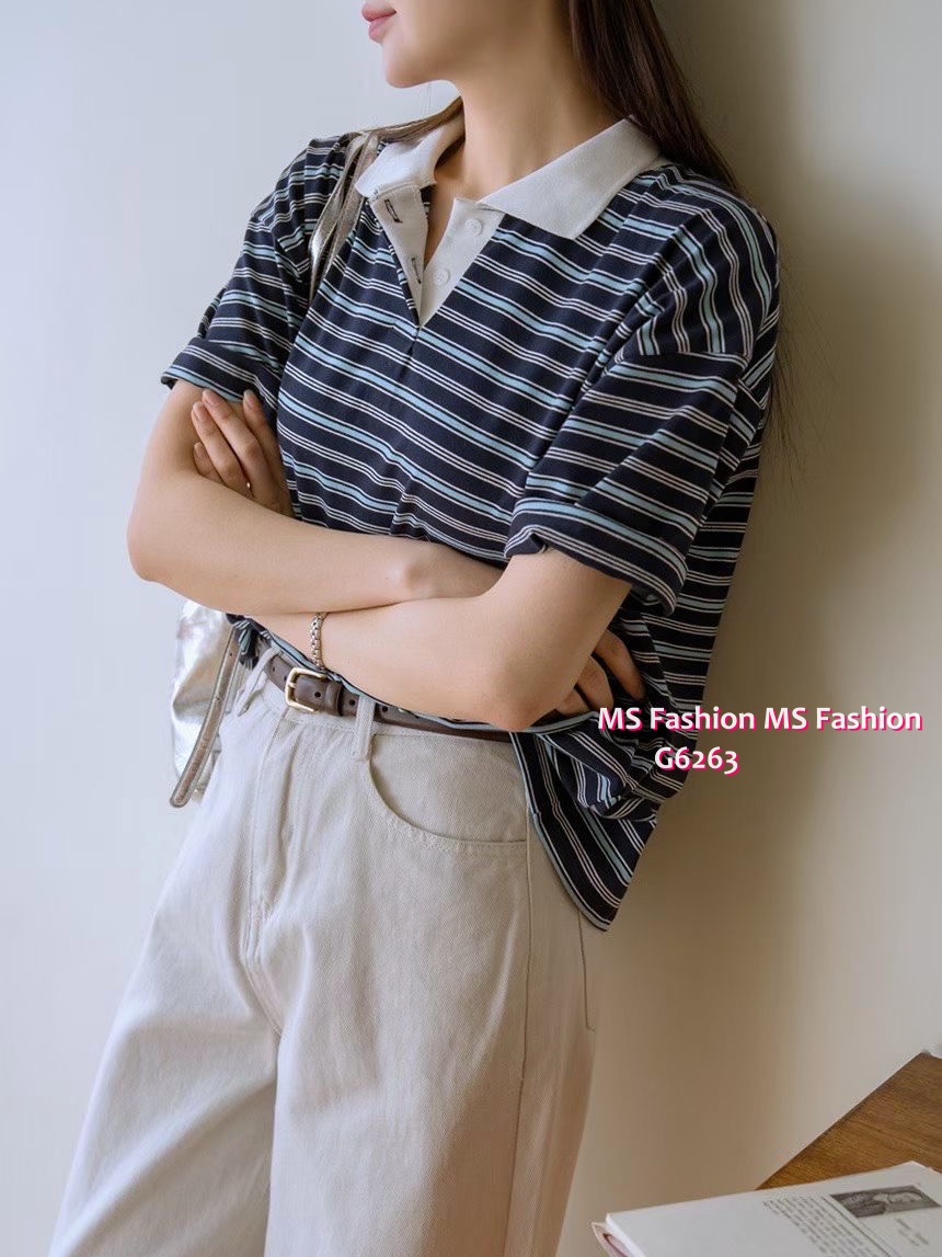 G6283 韓國🇰🇷拼色反領橫間top