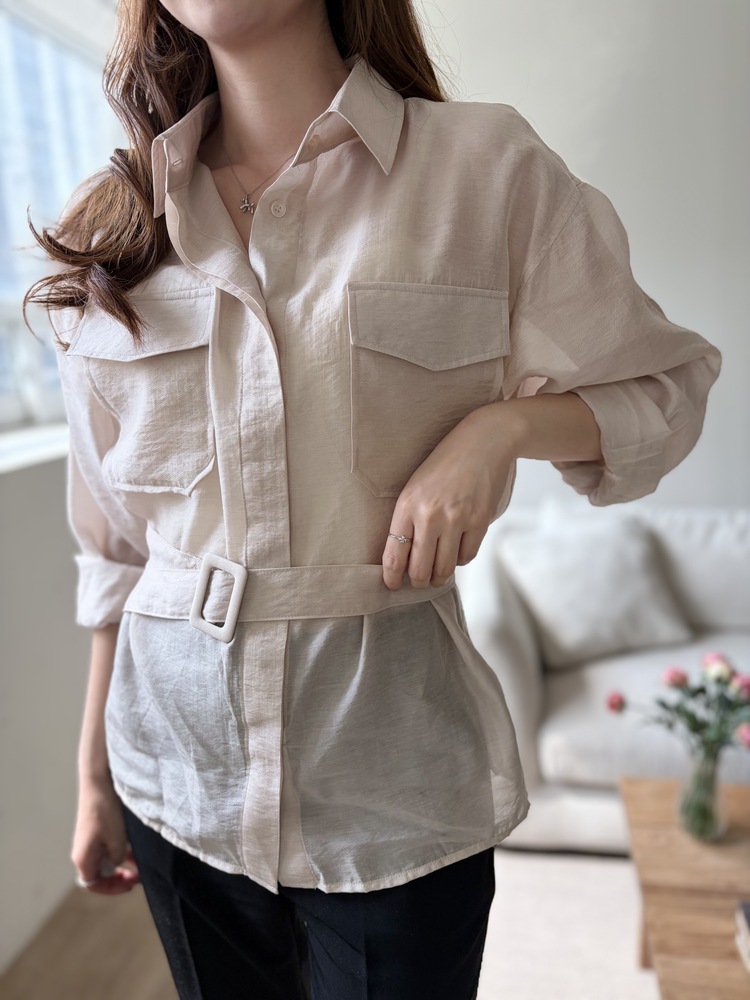 Feminine Belted Pocket Blouse (Pink)
