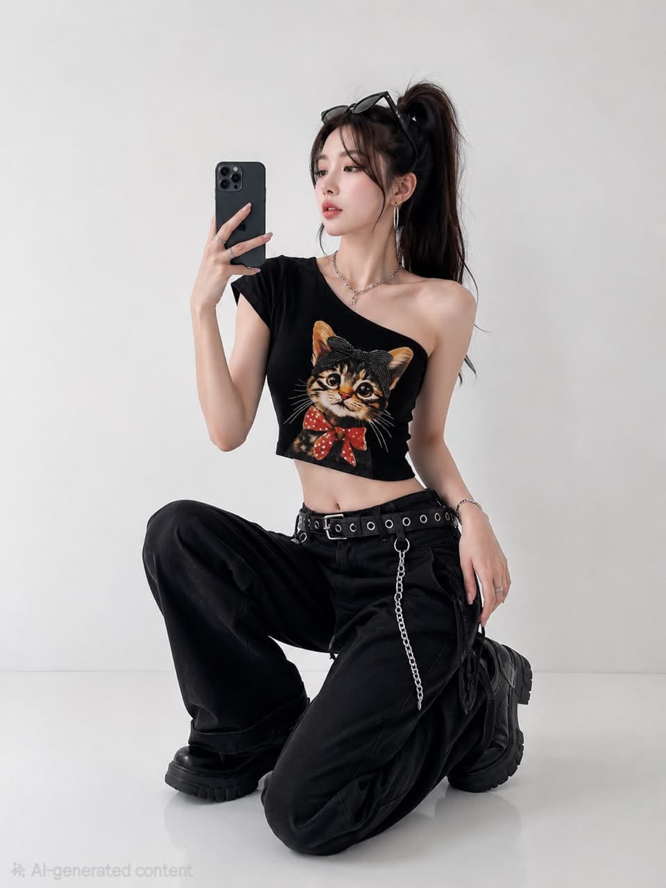 A100411 Korean Cat Print One Shoulder Crop Top