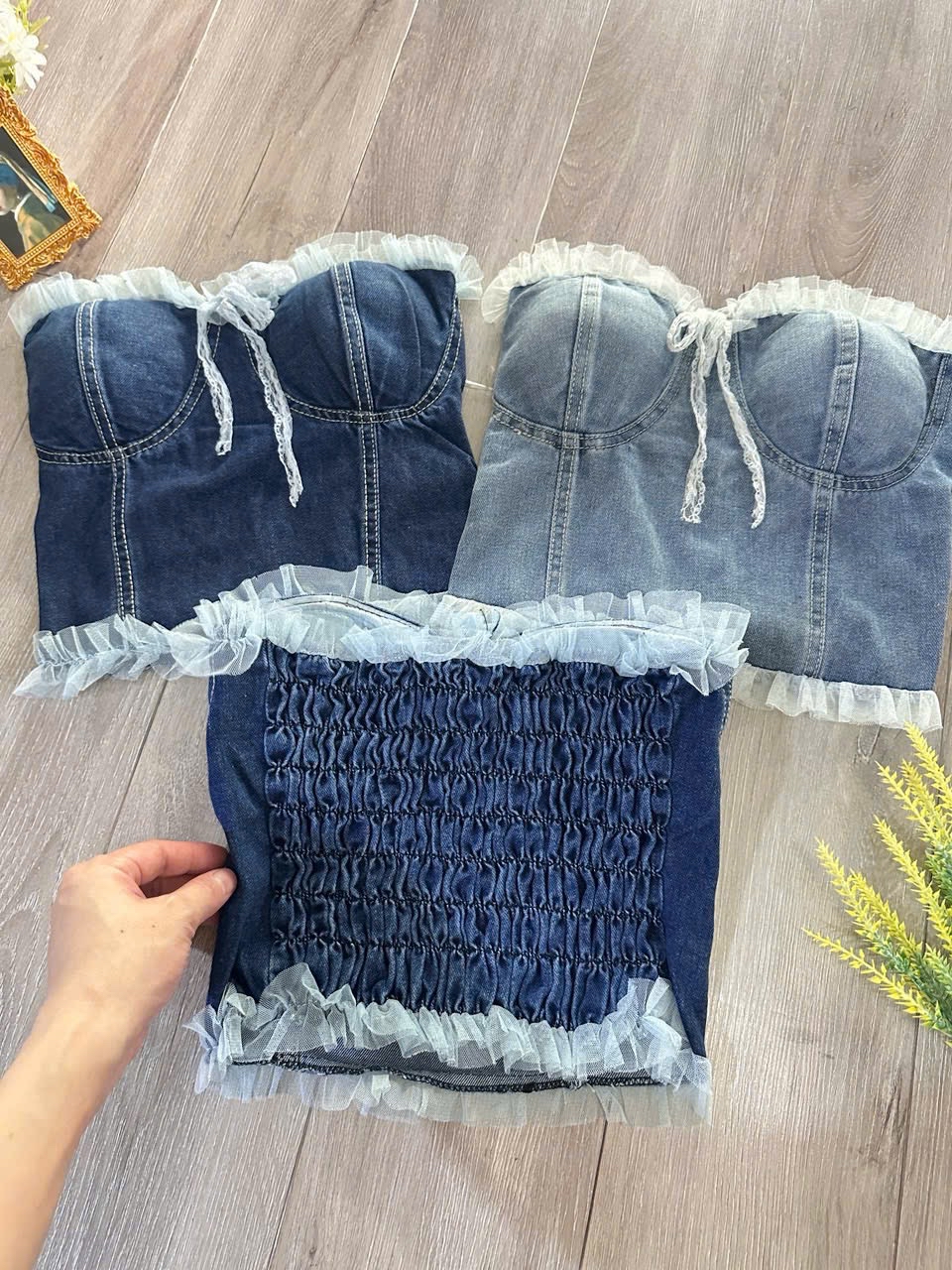 牛仔蕾丝蝴蝶结抹胸背心