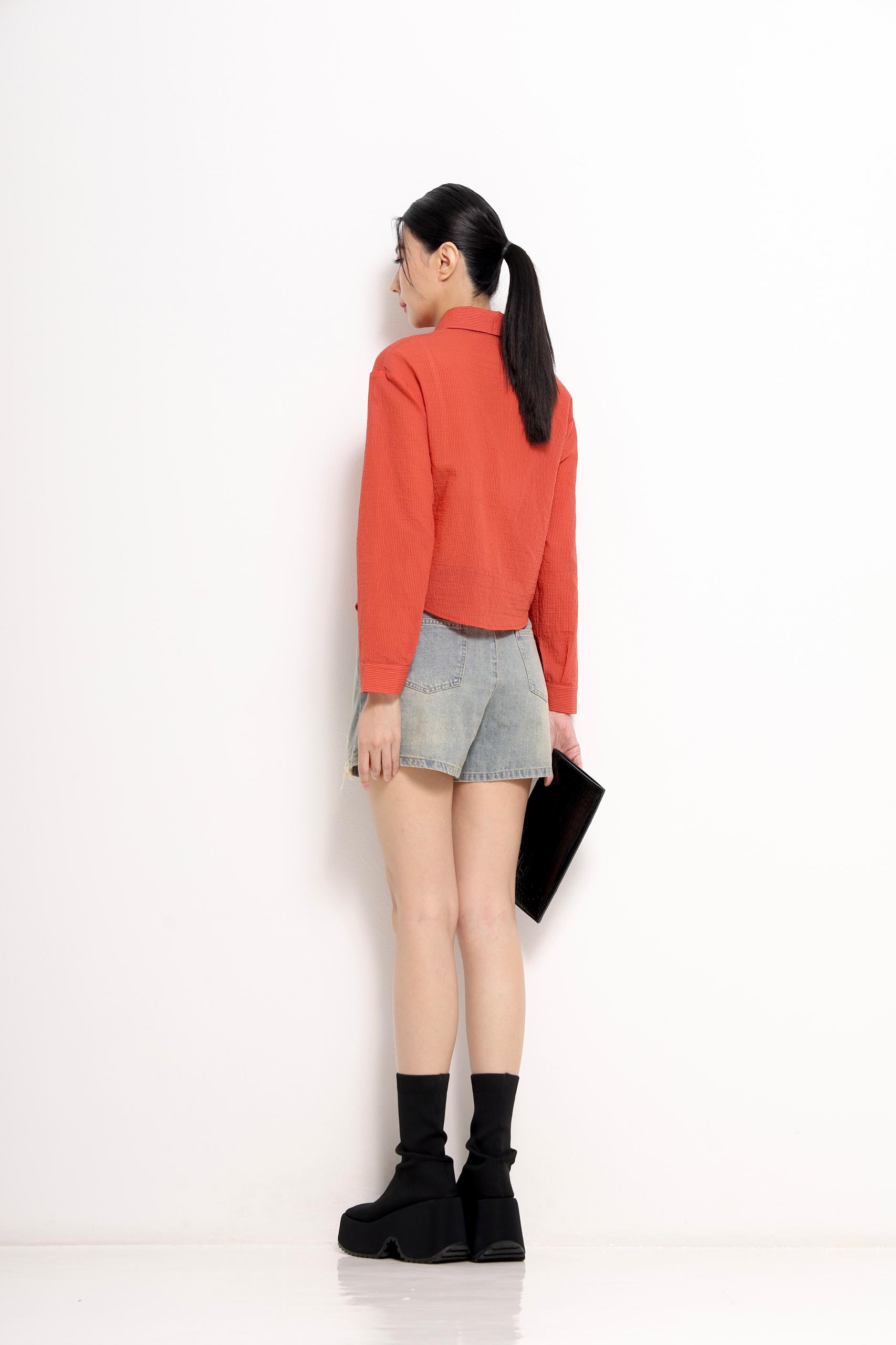 CB2772 COLLAR LONG SLLV WITH EMBD FLOWER BLOUSE