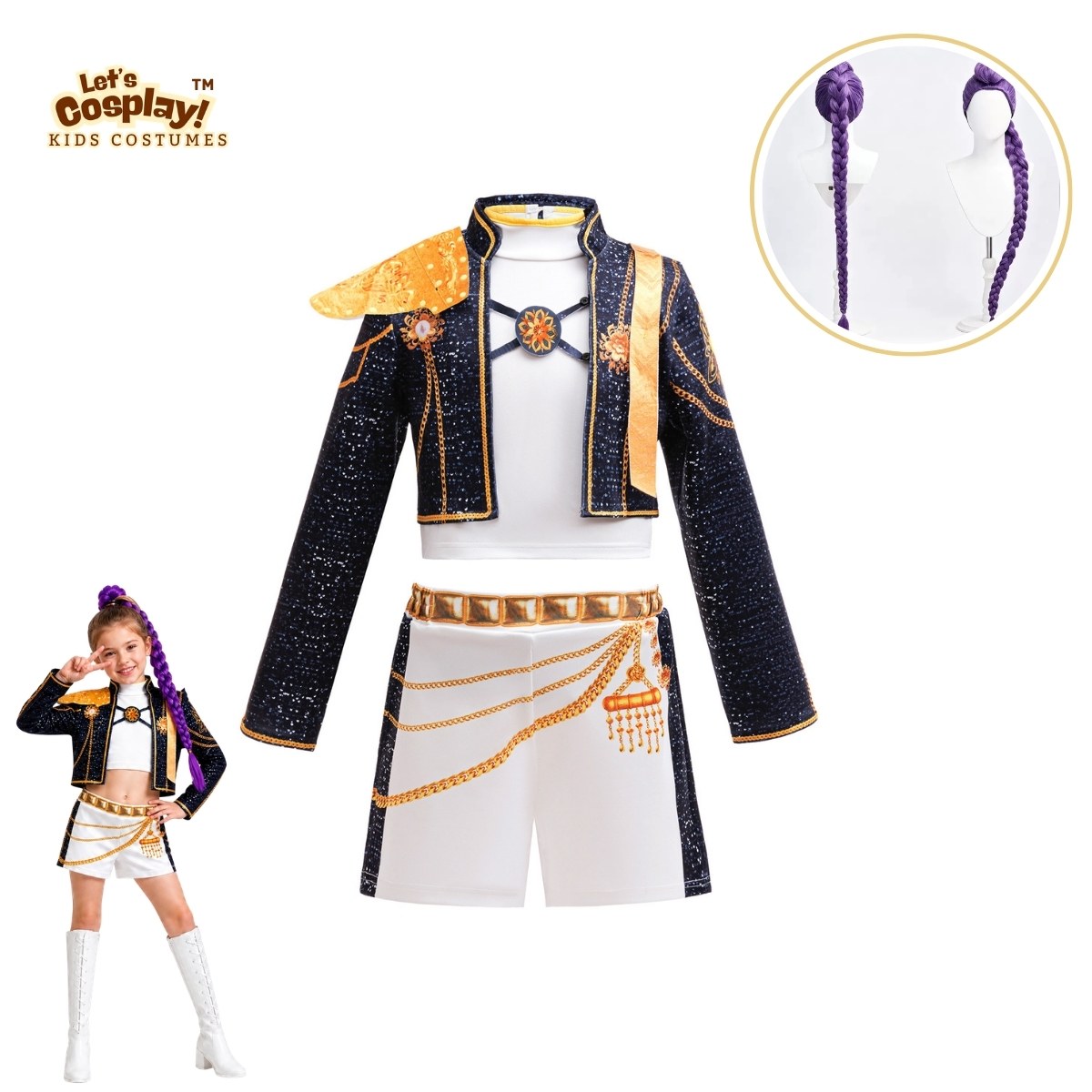 Rumi Demon Hunters Cosplay黑金服裝 女童高級角色造型服 兒童舞台表演套裝 Lets Cosplay cos1151