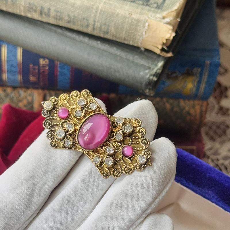 C.a. 1960s Czechoslovakia/West German Pink Glass Cabochon Jewelry Set - Brooch and Clip Earrings (MW263)