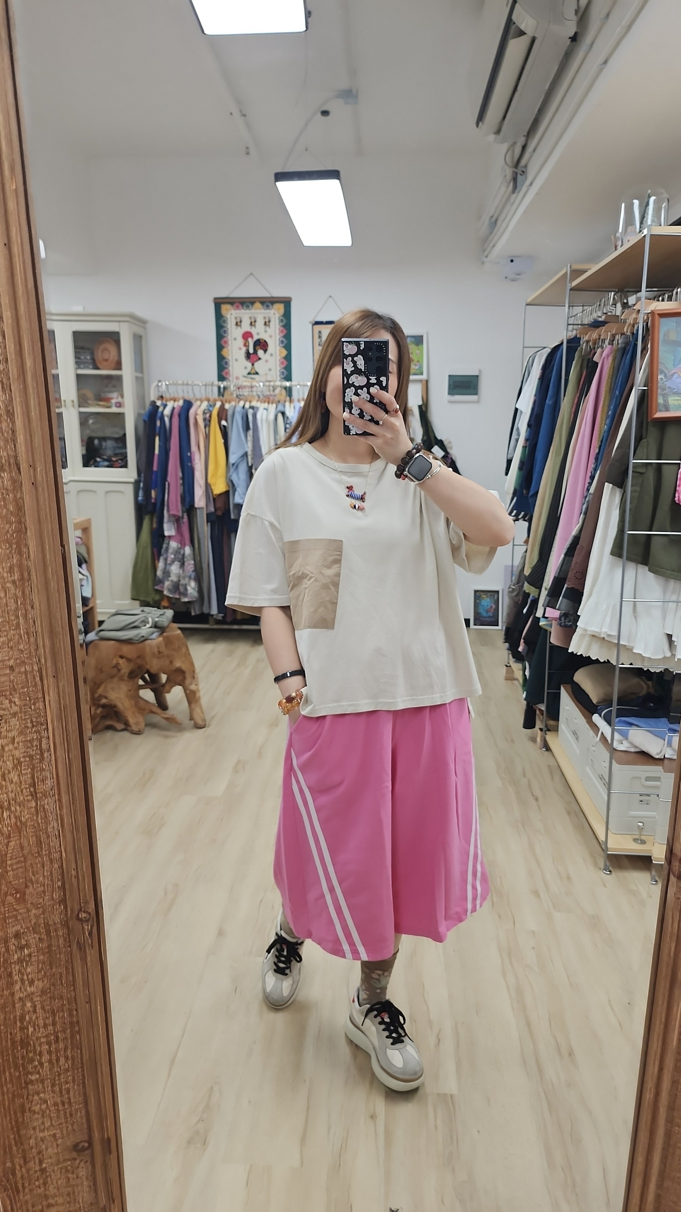 韓國杏拼啡單袋棉Tee