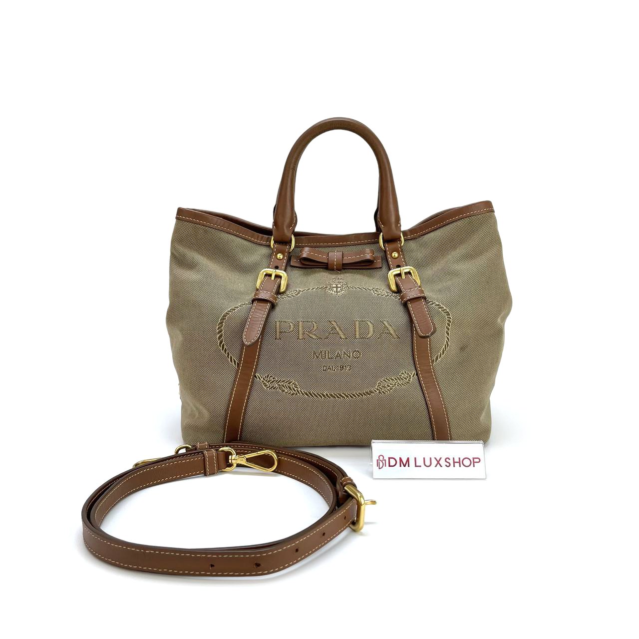Prada Logo Jacquard Tote Brown GHW