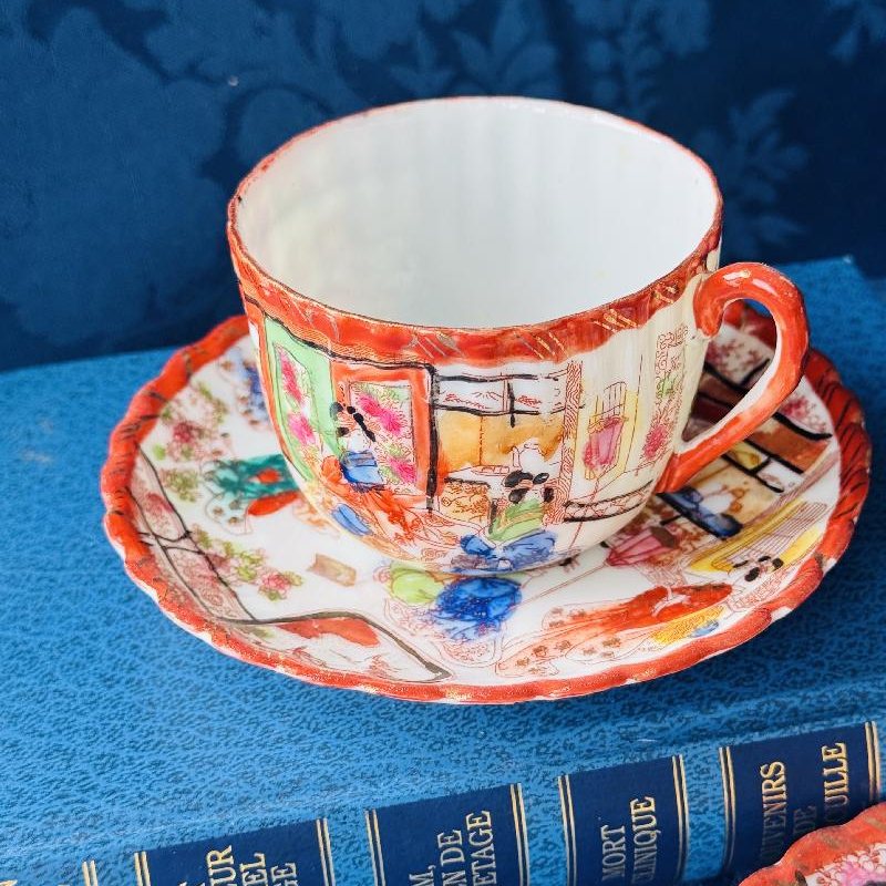 Vintage Pre-1950s Egg-Shell Quality Hand-Painted Japanese Tea Set Pair – Elegant Kimono-Clad Ladies in Traditional Home Scenes(MT2033)