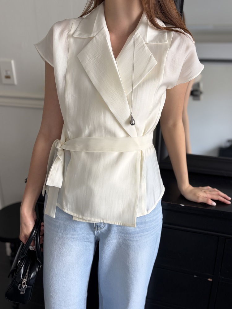 Silky Belted Wrap Blouse (Ivory)