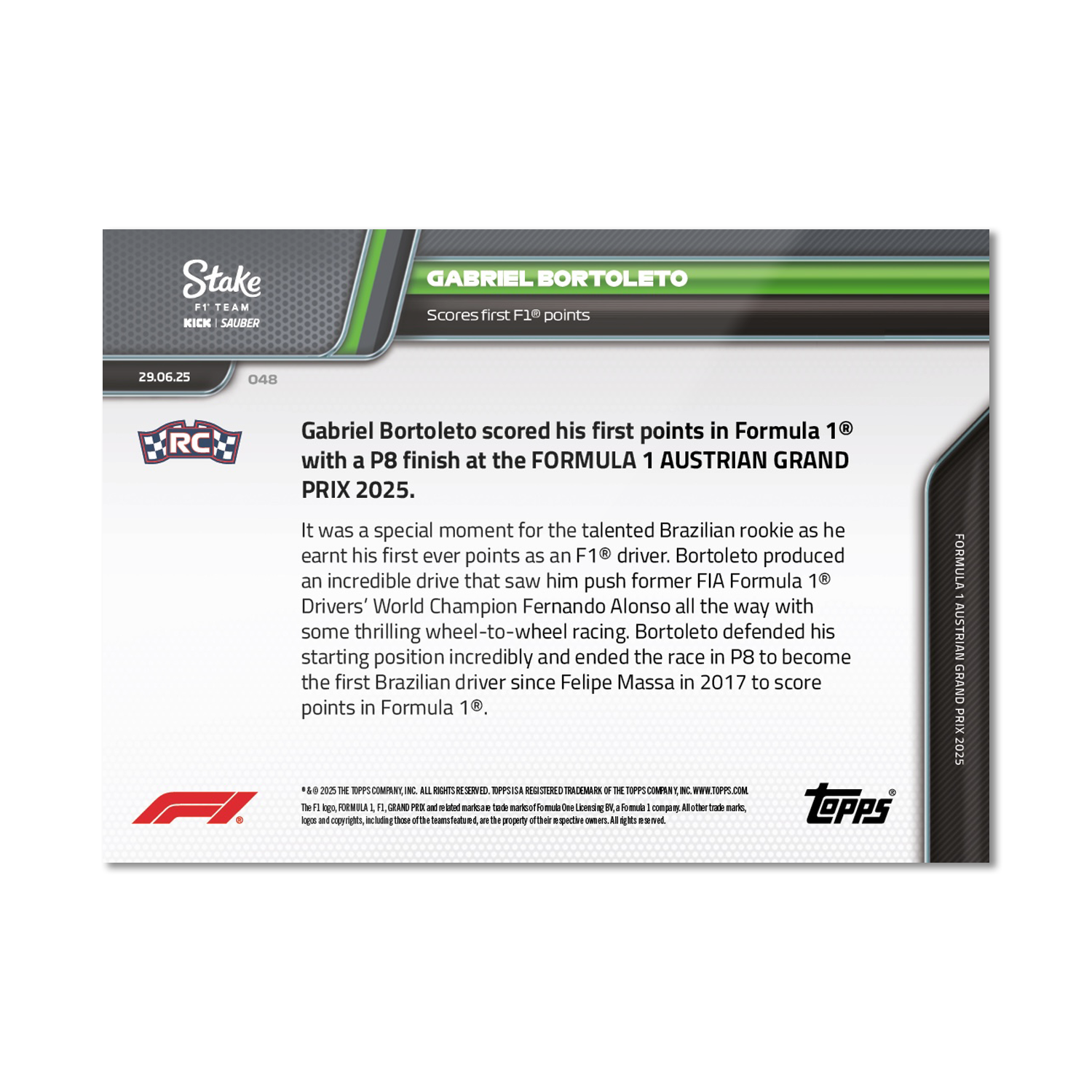 Gabriel Bortoleto RC - 2025 F1 Topps NOW® #48 Austrian GP 首奪F1積分卡｜PR 1,006