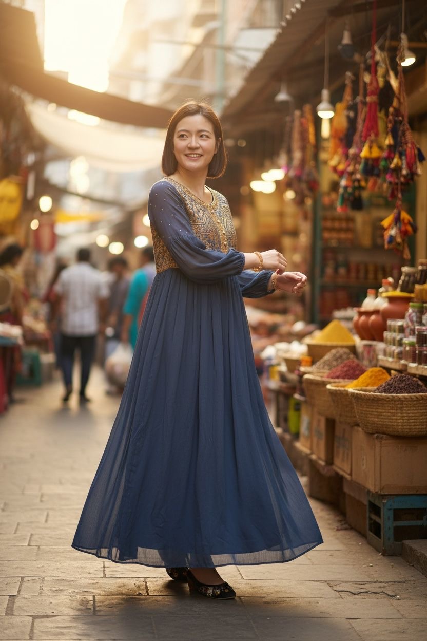 Royal Blue Gold Print Round Neck Chiffon OP 39.5" #1124