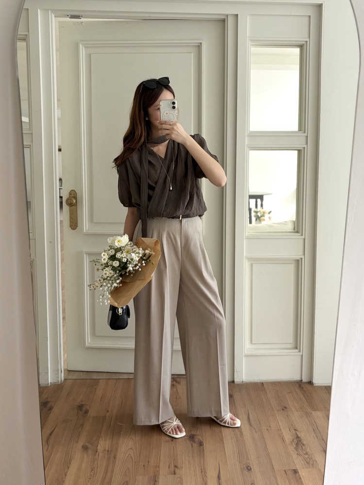 Louise Wrap Blouse with Tie (Brown)
