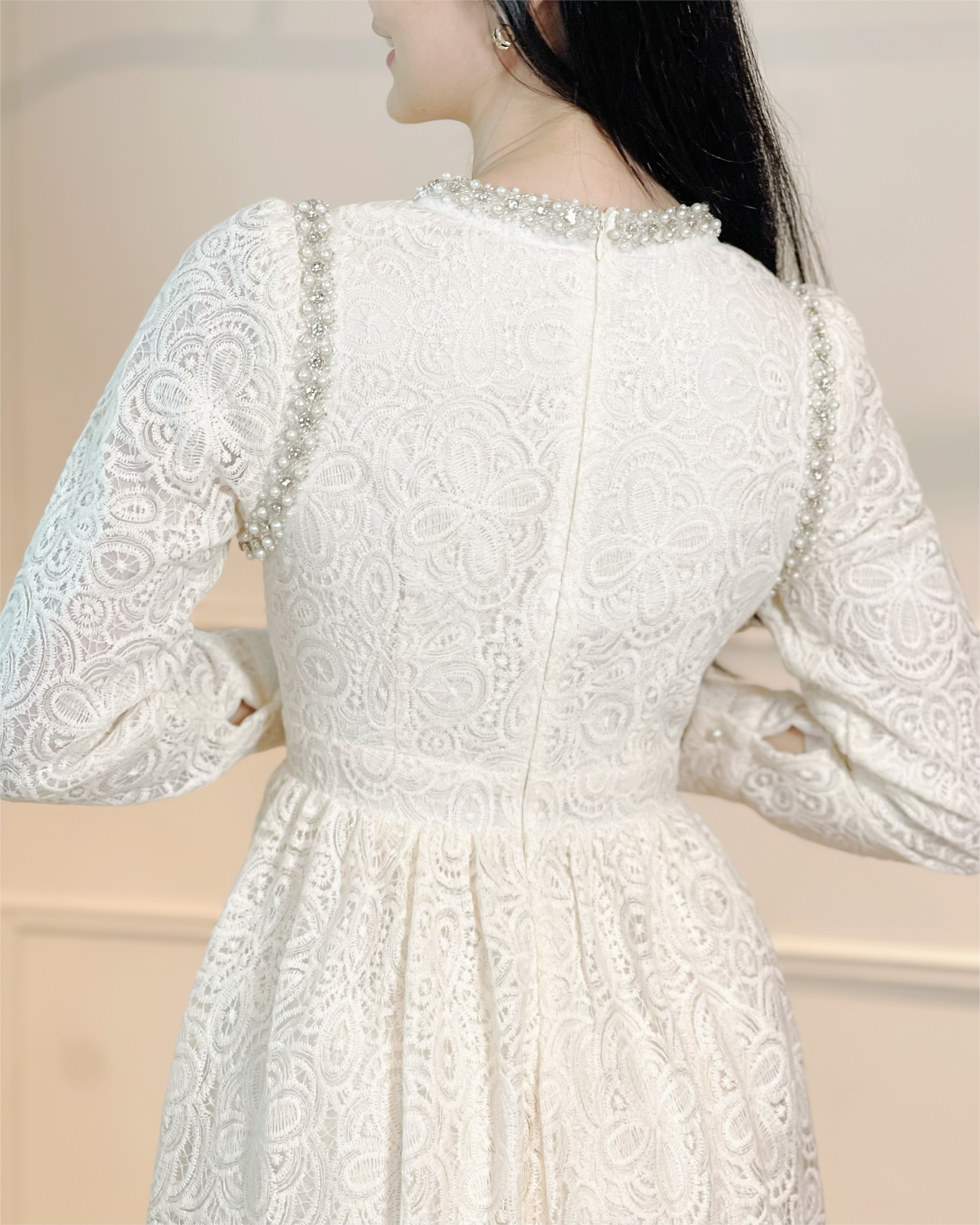 5079 Seraphina Pearl-Trim Lace Dress