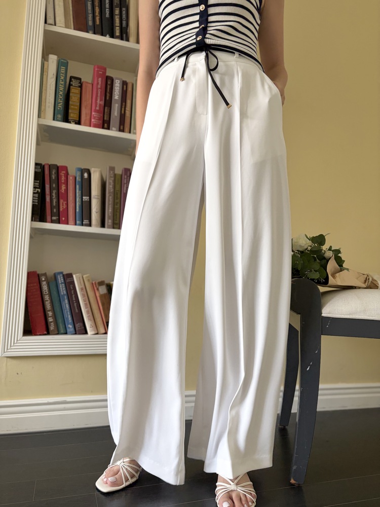 [超涼!!] Contrast Belt Wide Leg Slacks (White)