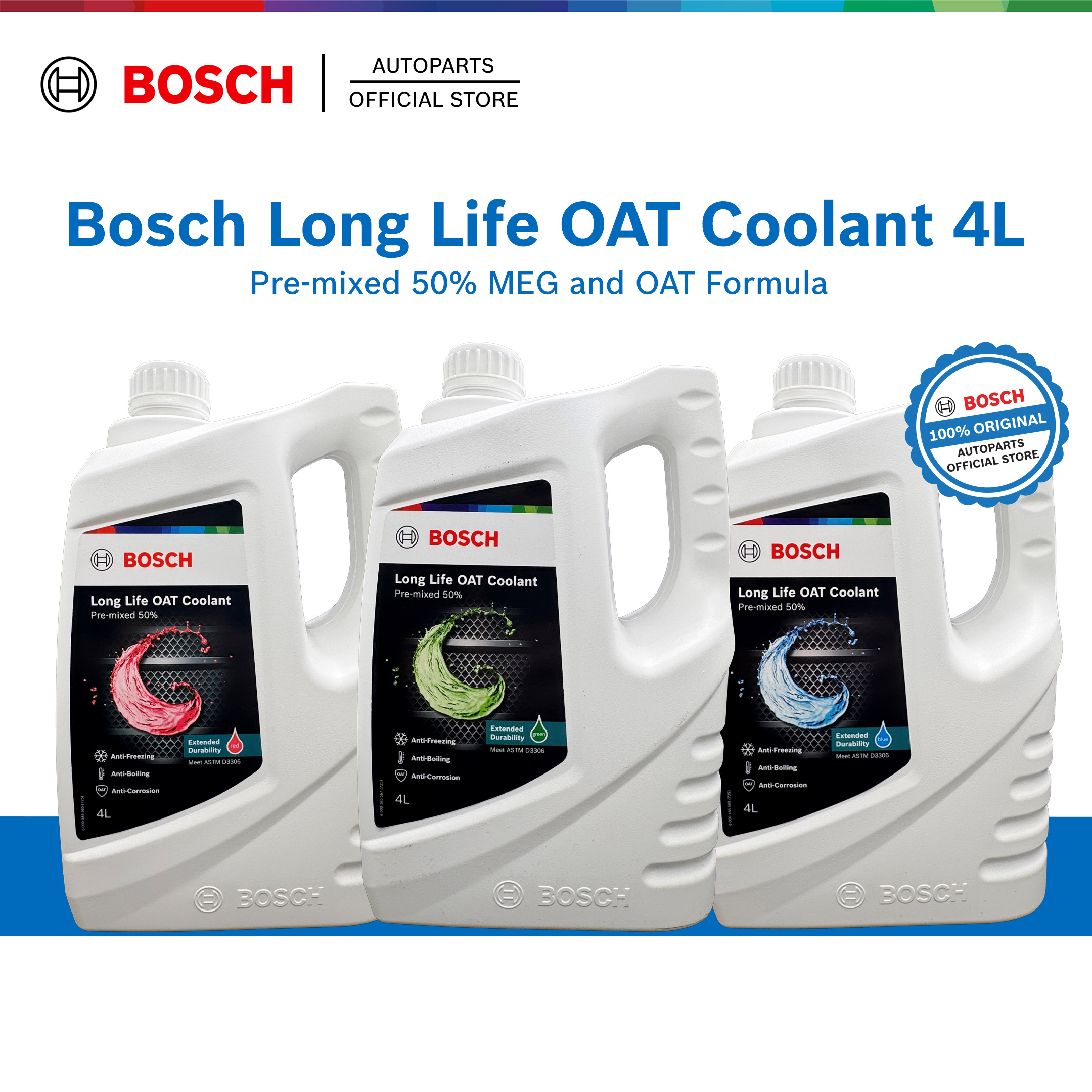 Bosch Long Life OAT Coolant Pre-mixed 50% (4L) - Green / Red/ Blue