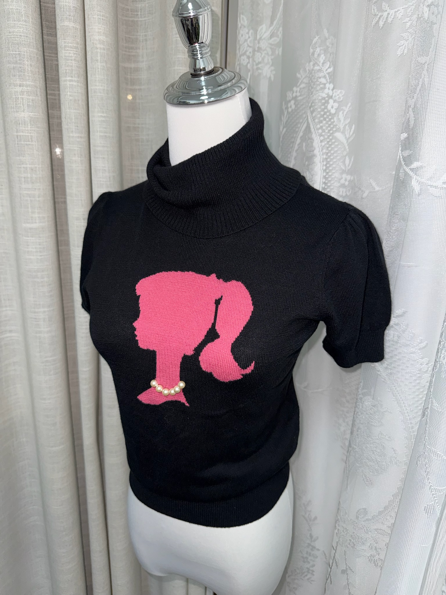 2008sOfficial Barbie 3D Pearl High-Neck Knitted Short-Sleeve Top