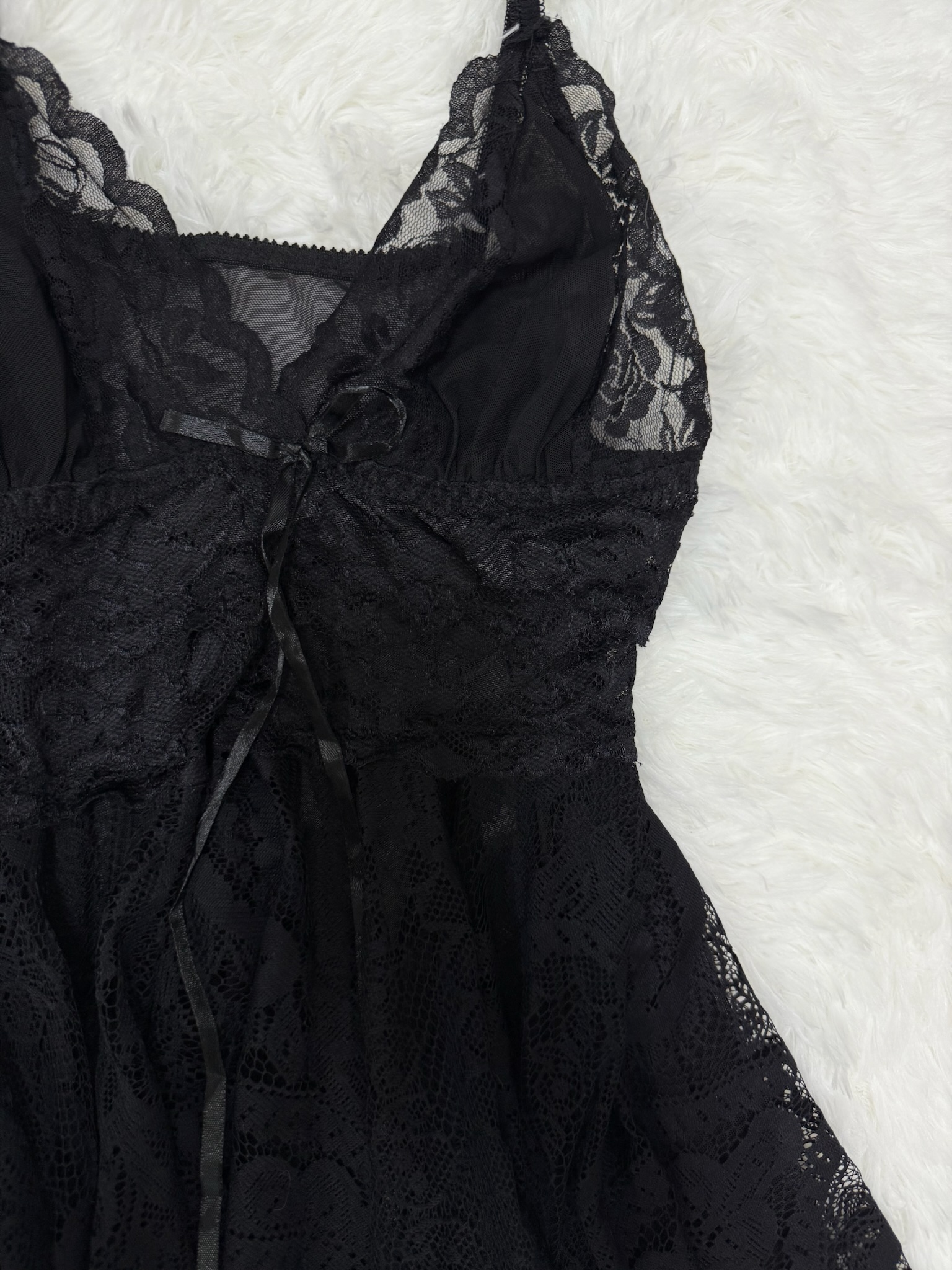 Sheer Black Lace Ghost Dress with Tiered Asymmetric Hem and Ribbon Detail