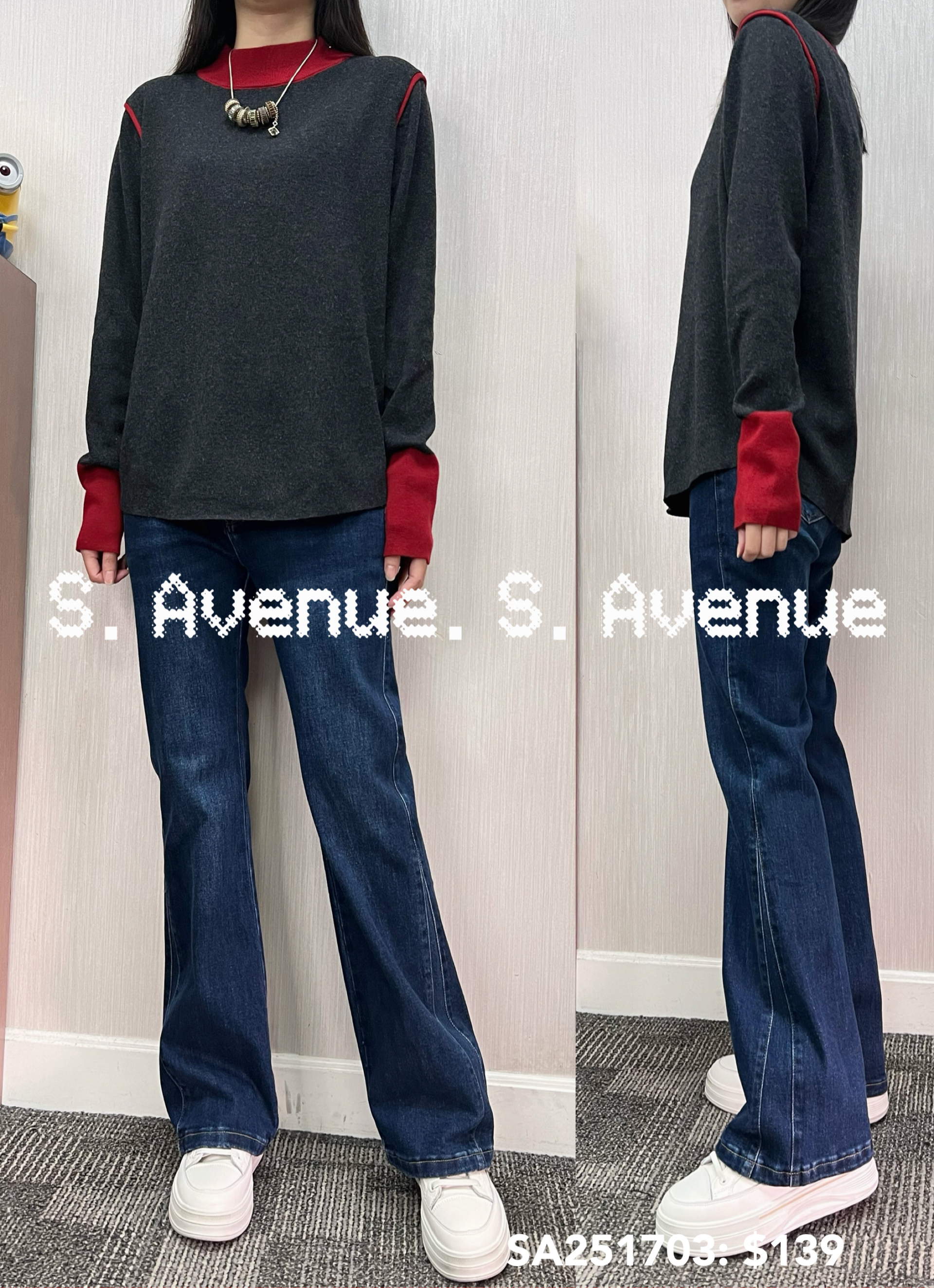 SA251703: 長袖企領撞色邊軟冷top