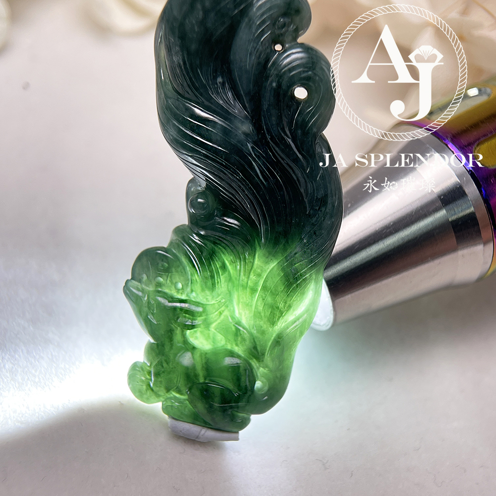 JNK-137 天然翡翠A玉 老藍水18K福壽雙全九尾狐吊墜 (法師加持)