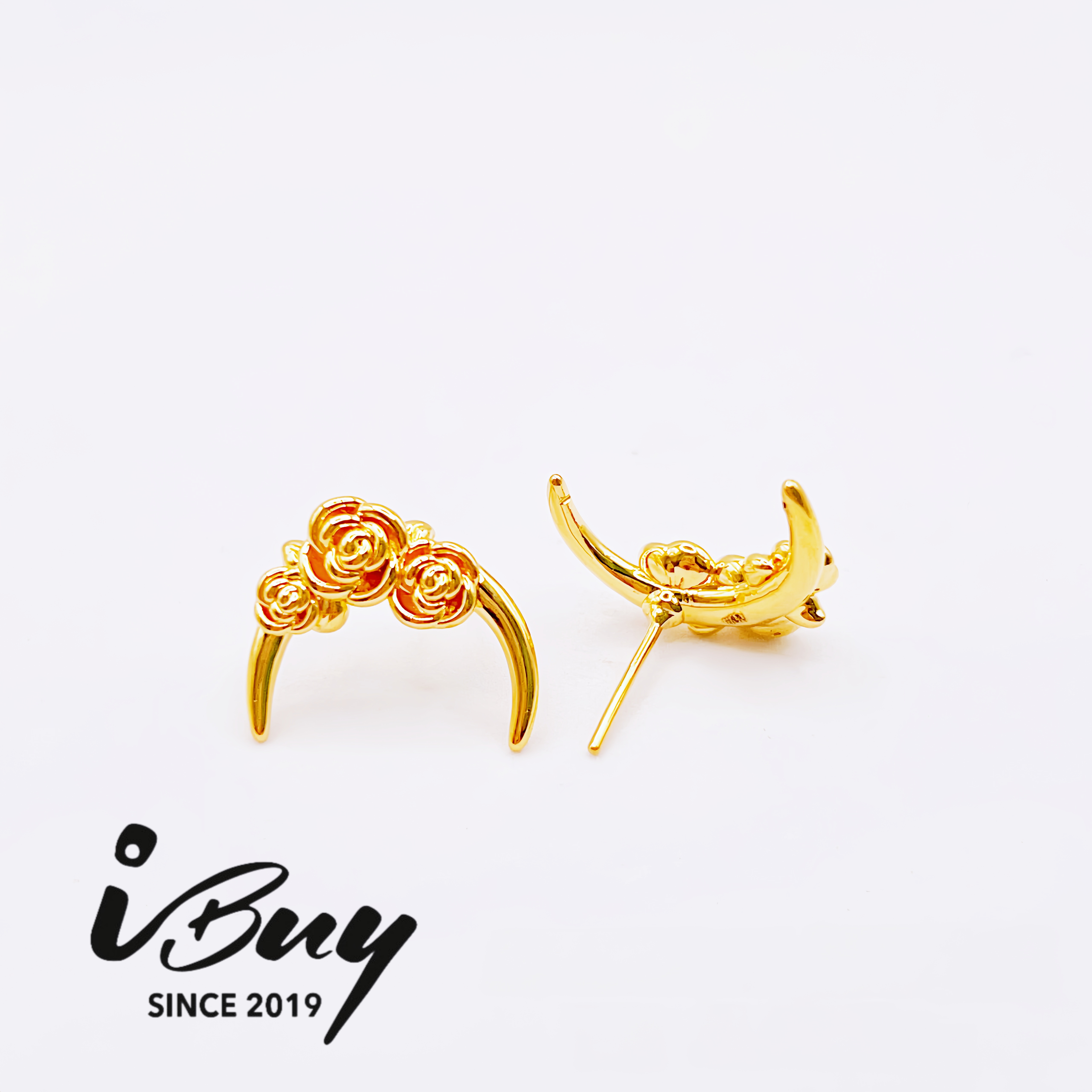 999 GOLD CRESCENT MOON ROSE EARSTUD 999 金 月牙玫瑰耳针