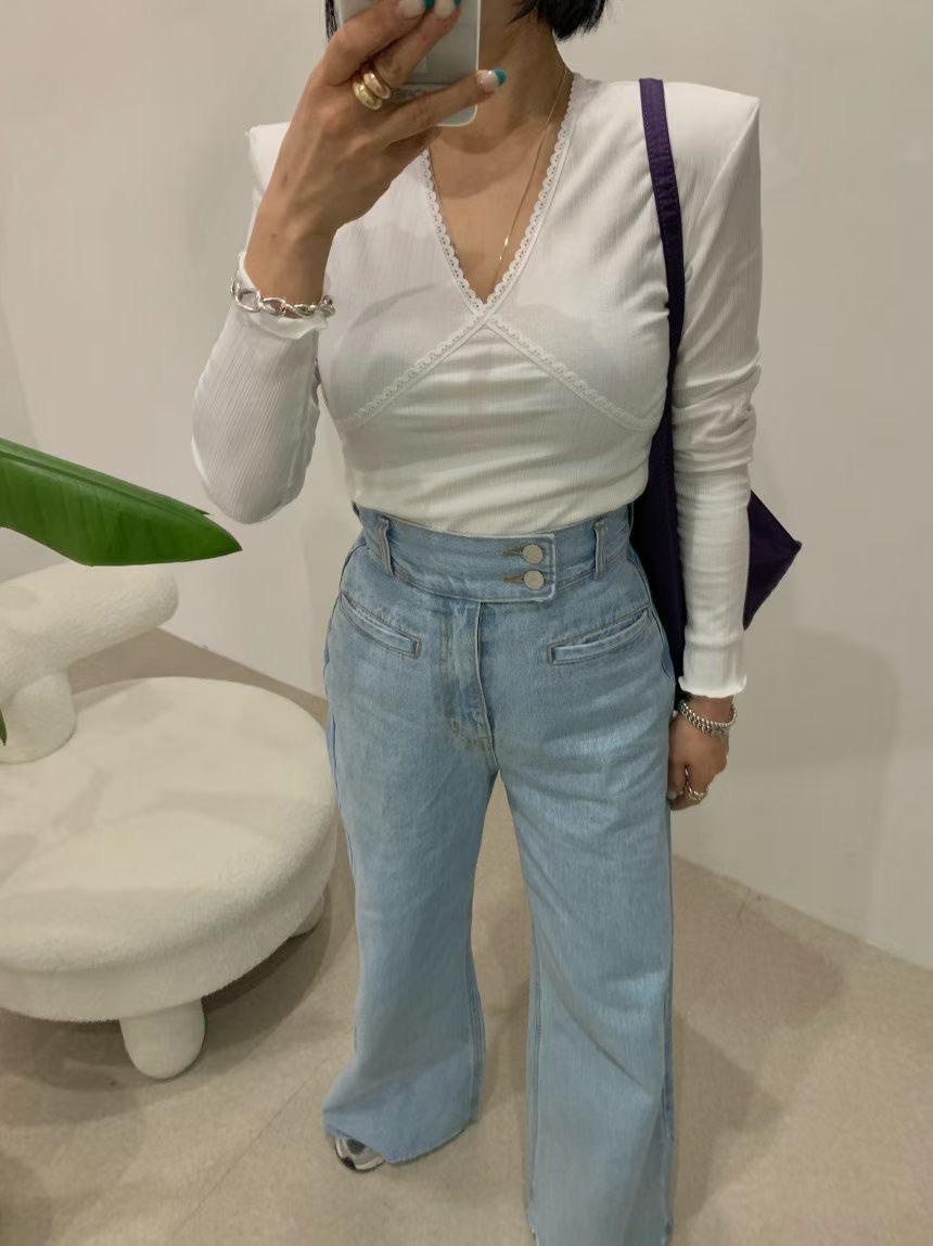 側扣高腰牛仔褲