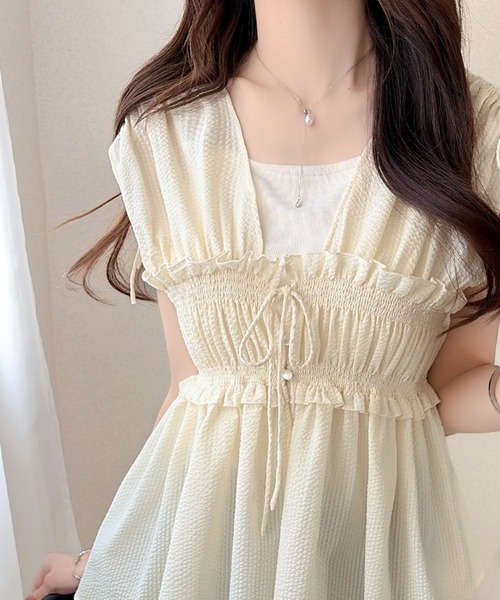 袖緞帶褶襉背心【JT039】