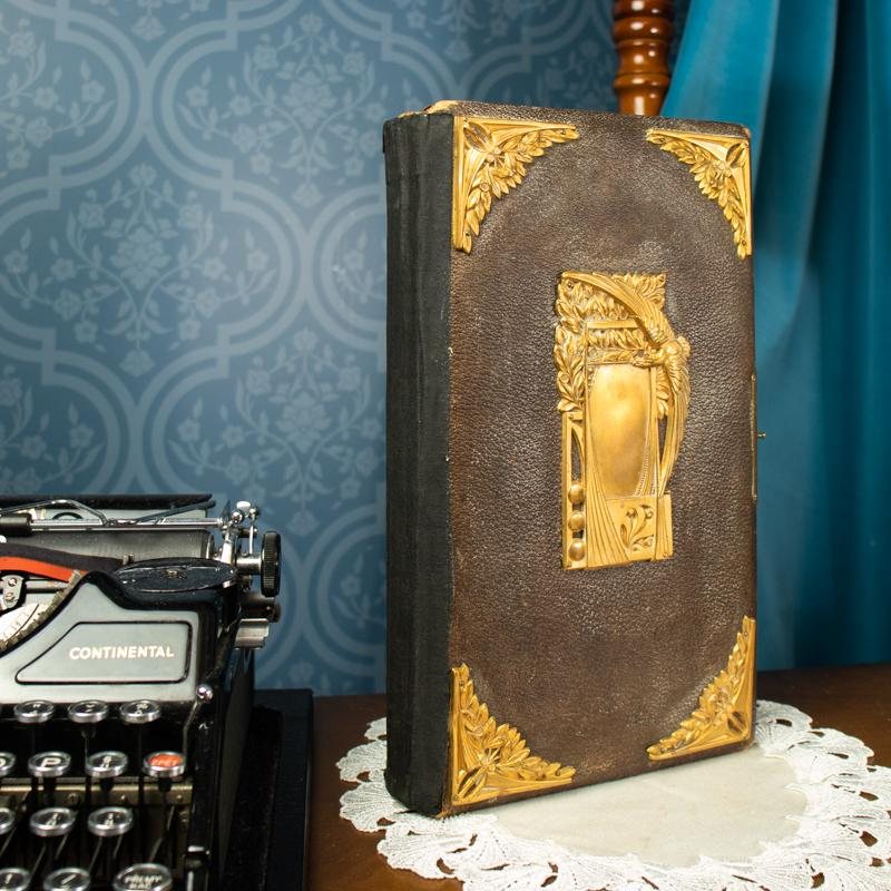Rare Antique Signed 1904 Brown Leather Cover with Bird Embellishment Photo Album Book (MX014)