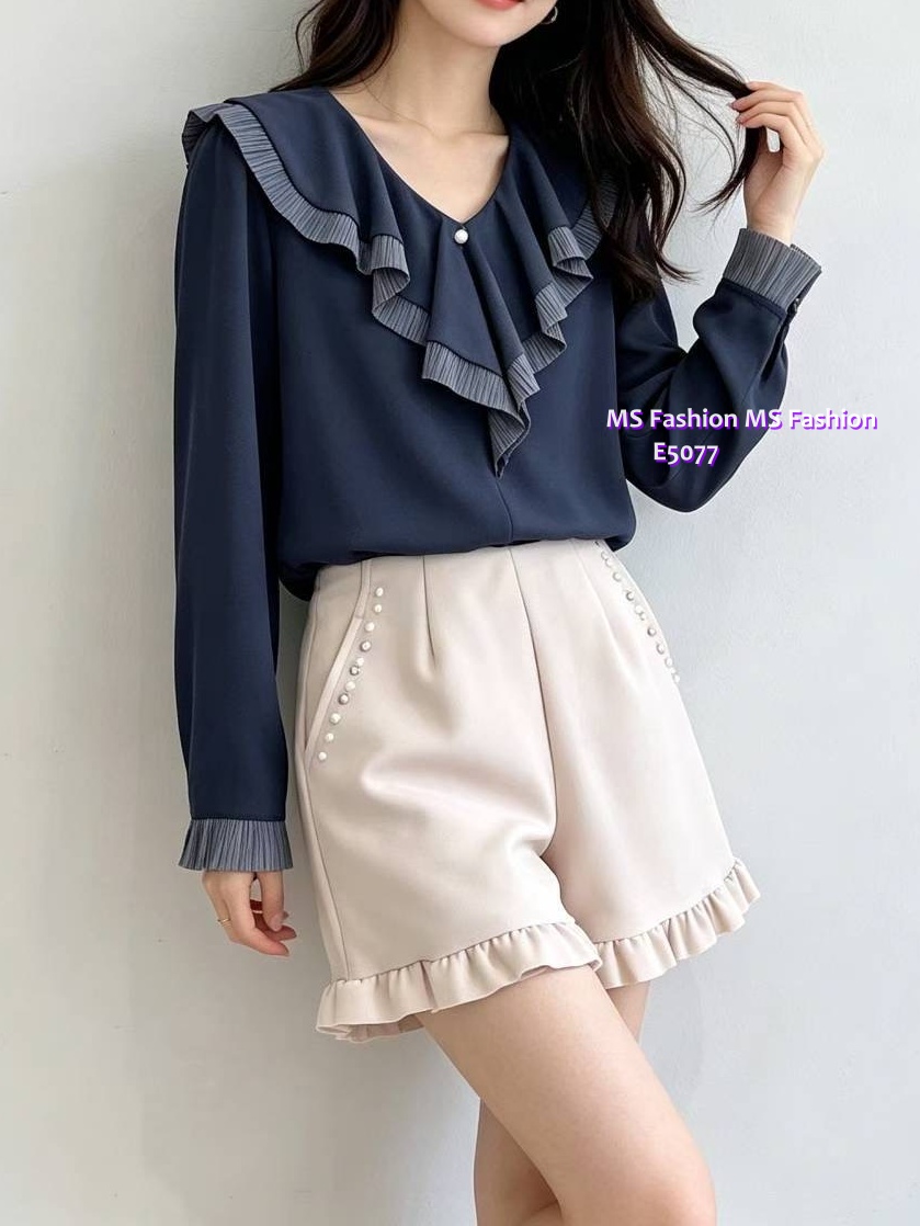 E5077 靚料V領ruffle top