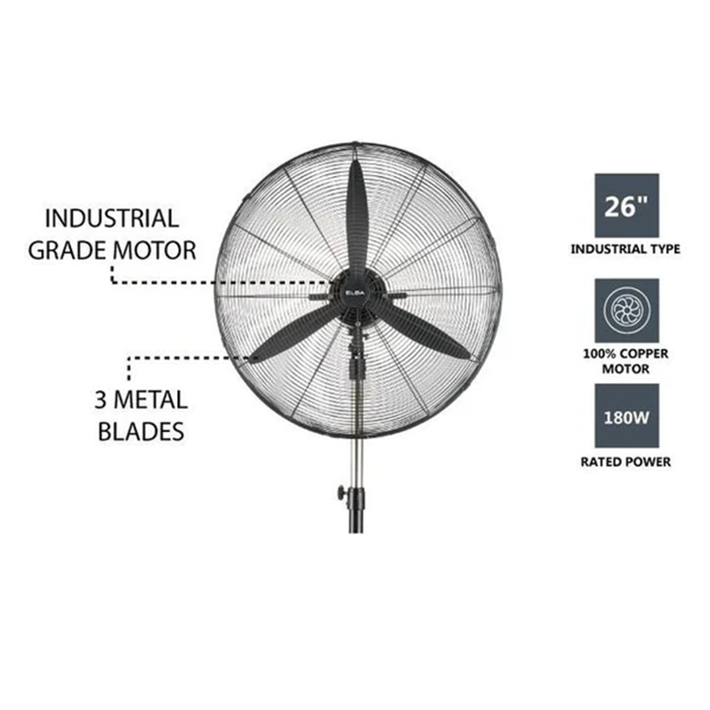 Elba 26" Industrial Stand Fan - 3 Blades EISF-G2601(BK)