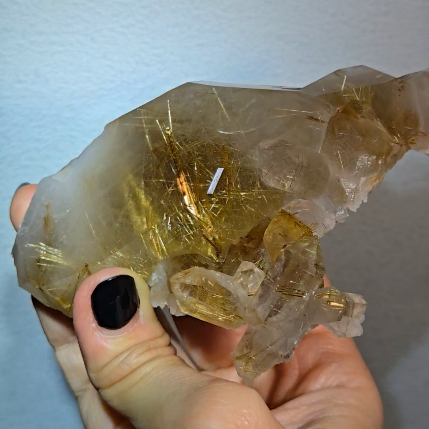 Golden titanium rutiles on black hematite in quartz cluster - RT1443