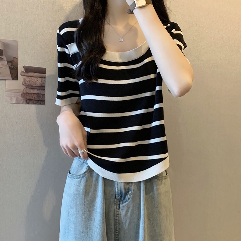 B246(1006) 韩版撞色横纹显瘦下摆圆角冰丝针织黑上衣 