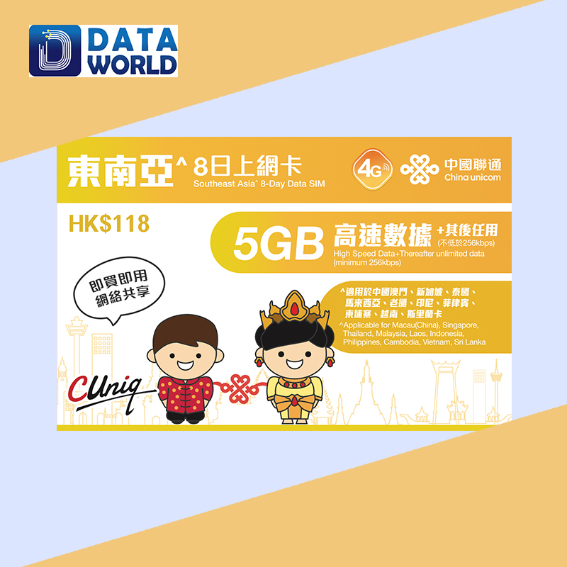 中國聯通 4G $118 東南亞8日上網卡