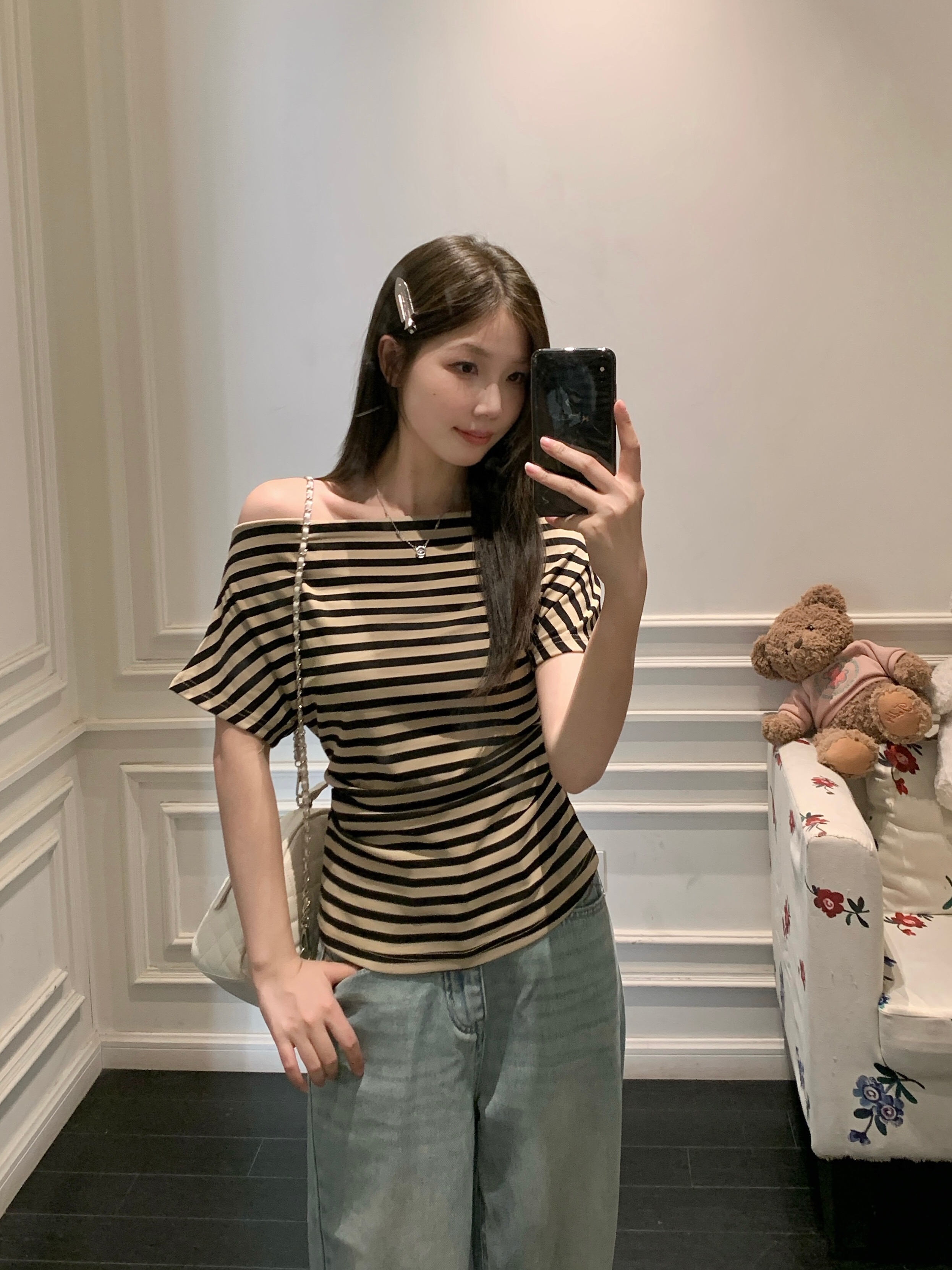 B222(5073) 韩版纯欲风一字肩斜领腰褶皱纯色或条纹4色上衣