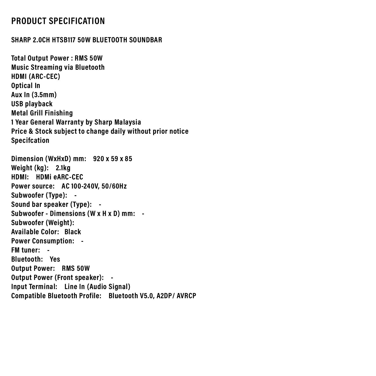 Sharp 50W 2.0ch Bluetooth Soundbar (HTSB117)