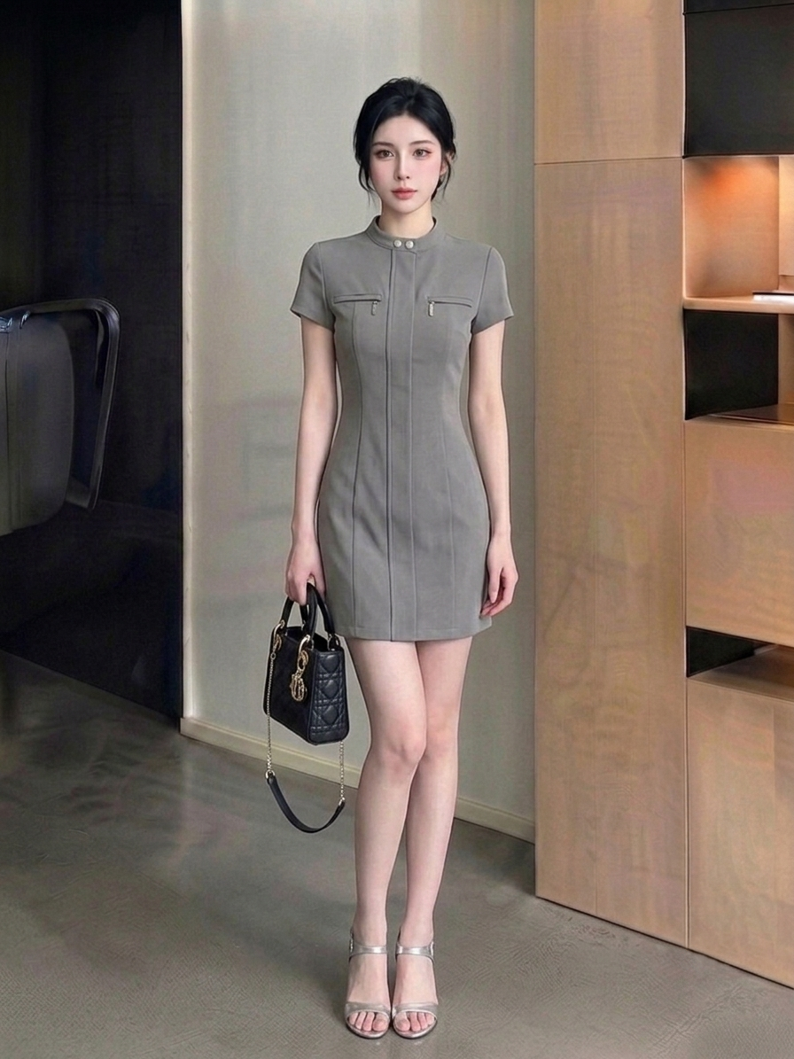 Stand-Collar Suiting Dress M233