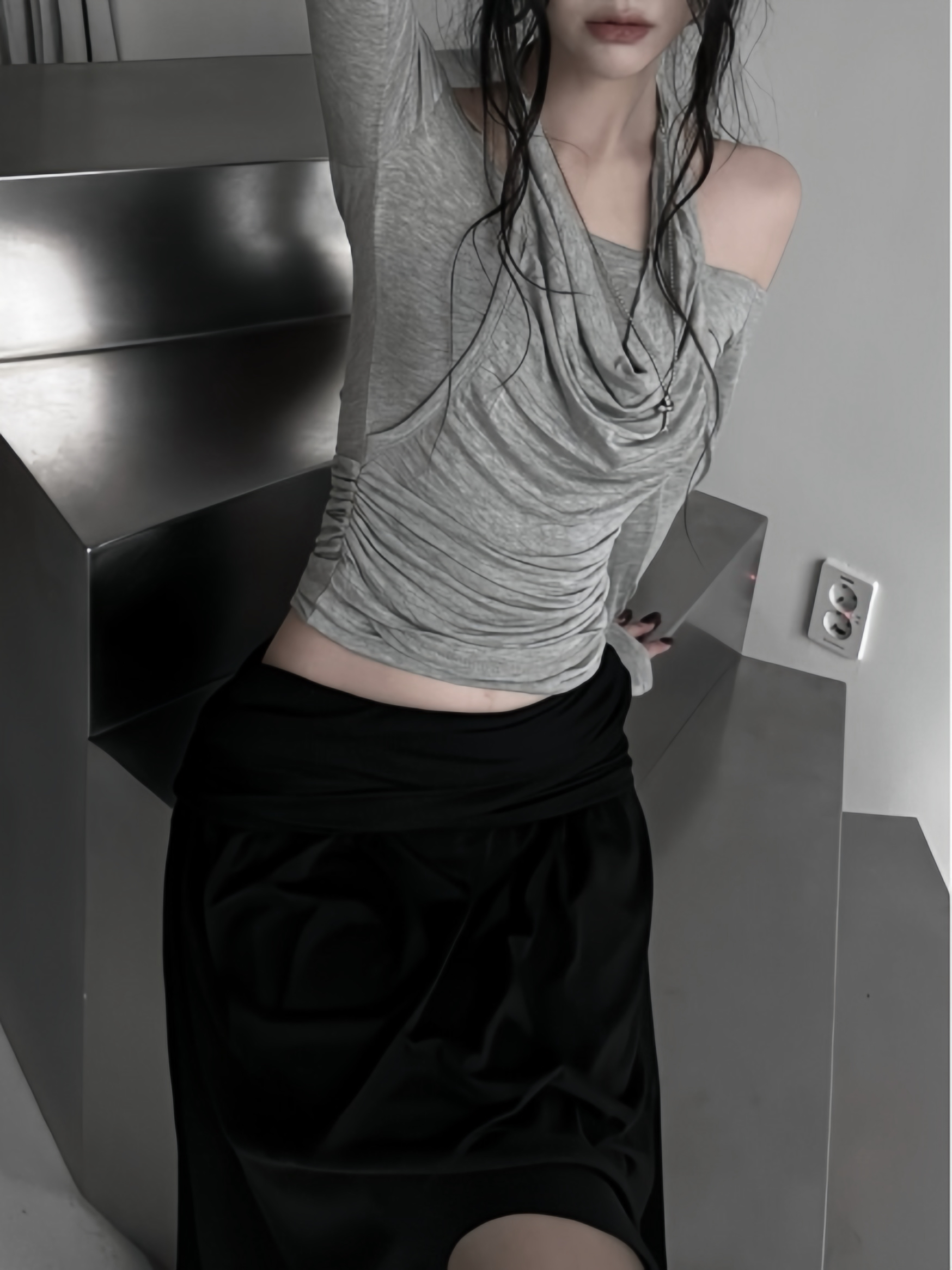 Halter Off-Shoulder Ruched Long Sleeve