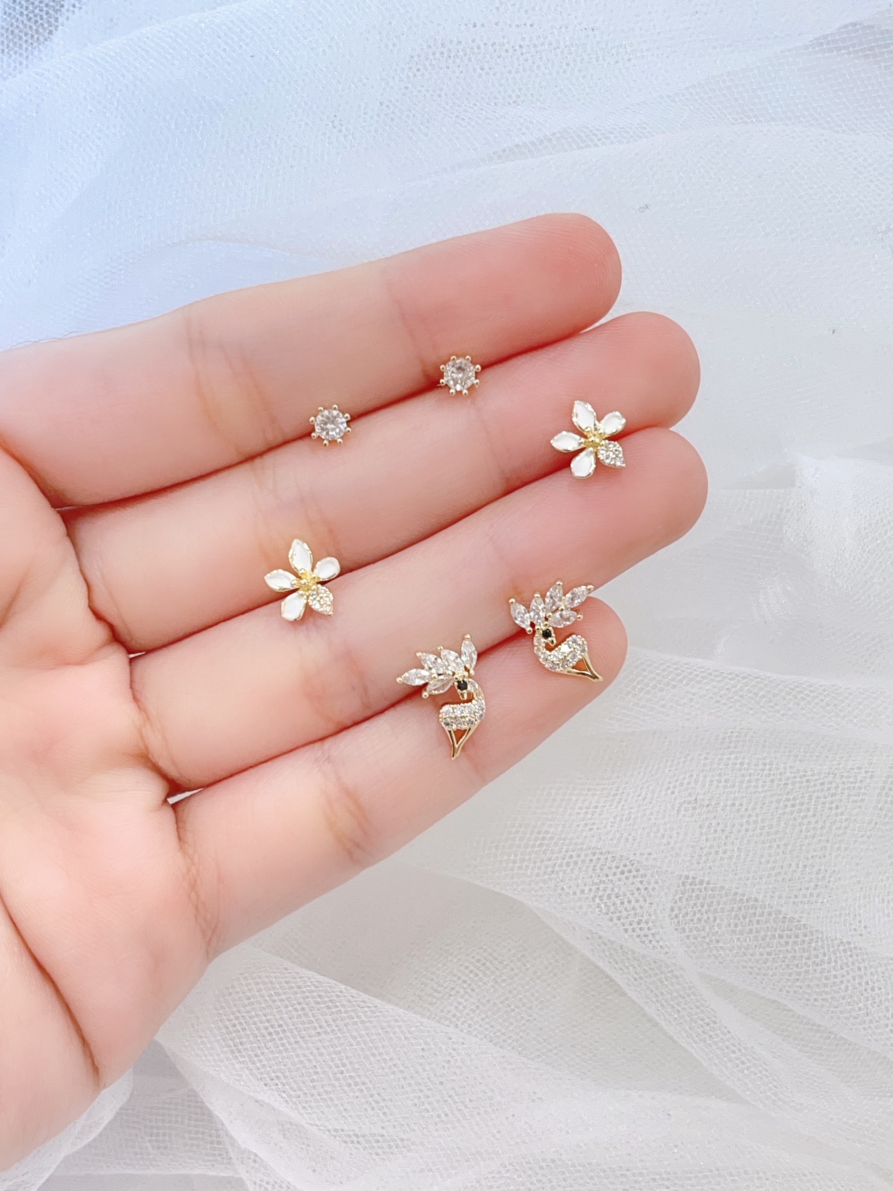 满钻天鹅小花耳环套装