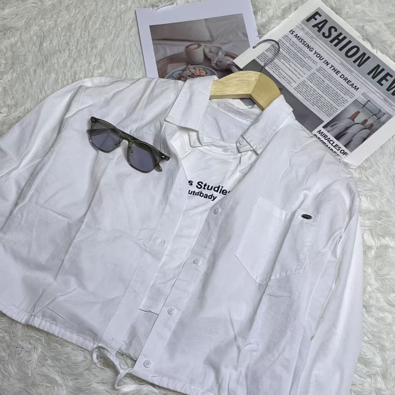 CC2002#6536 [Drawstring Crop Shirt] Korean Minimal Breeze Look