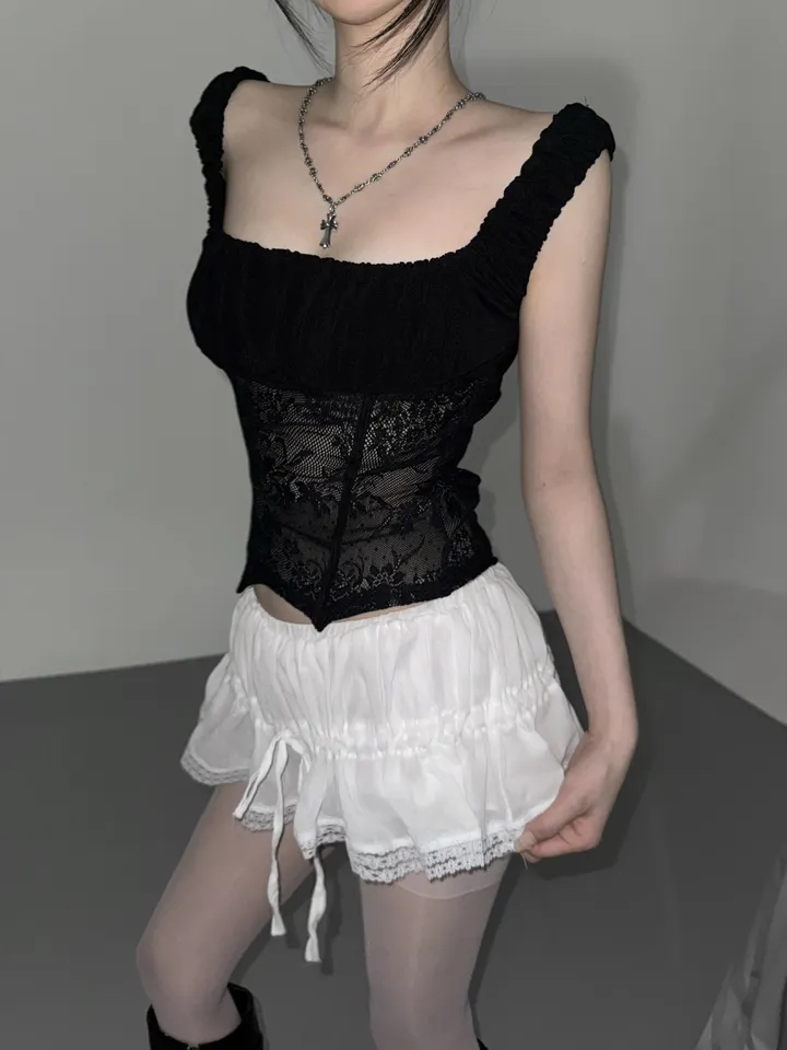Ruched Sheer Lace Panel Corset Top