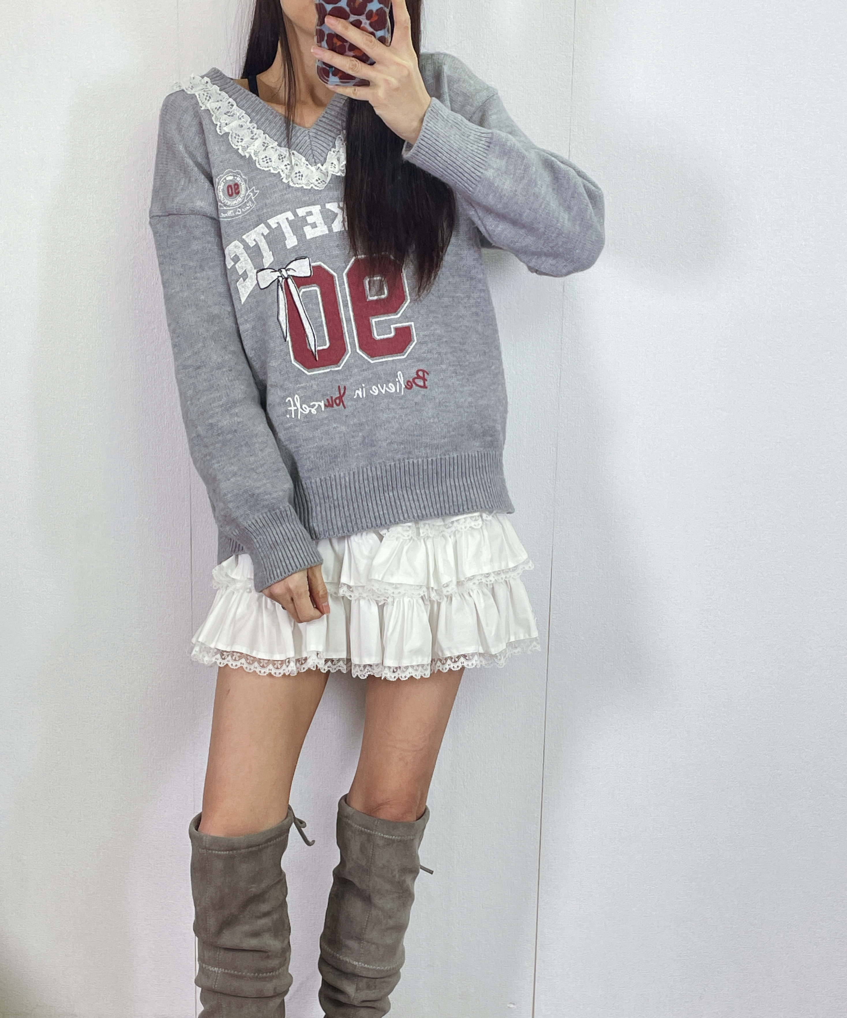 K5532 Lace邊V領針織top