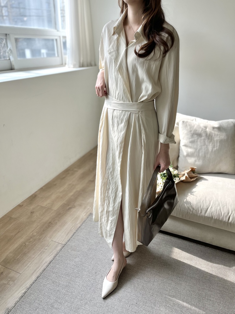 Minimal Belted Shirt Dress (Light Beige)