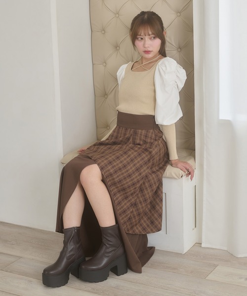 格子雙層開衩喇叭裙