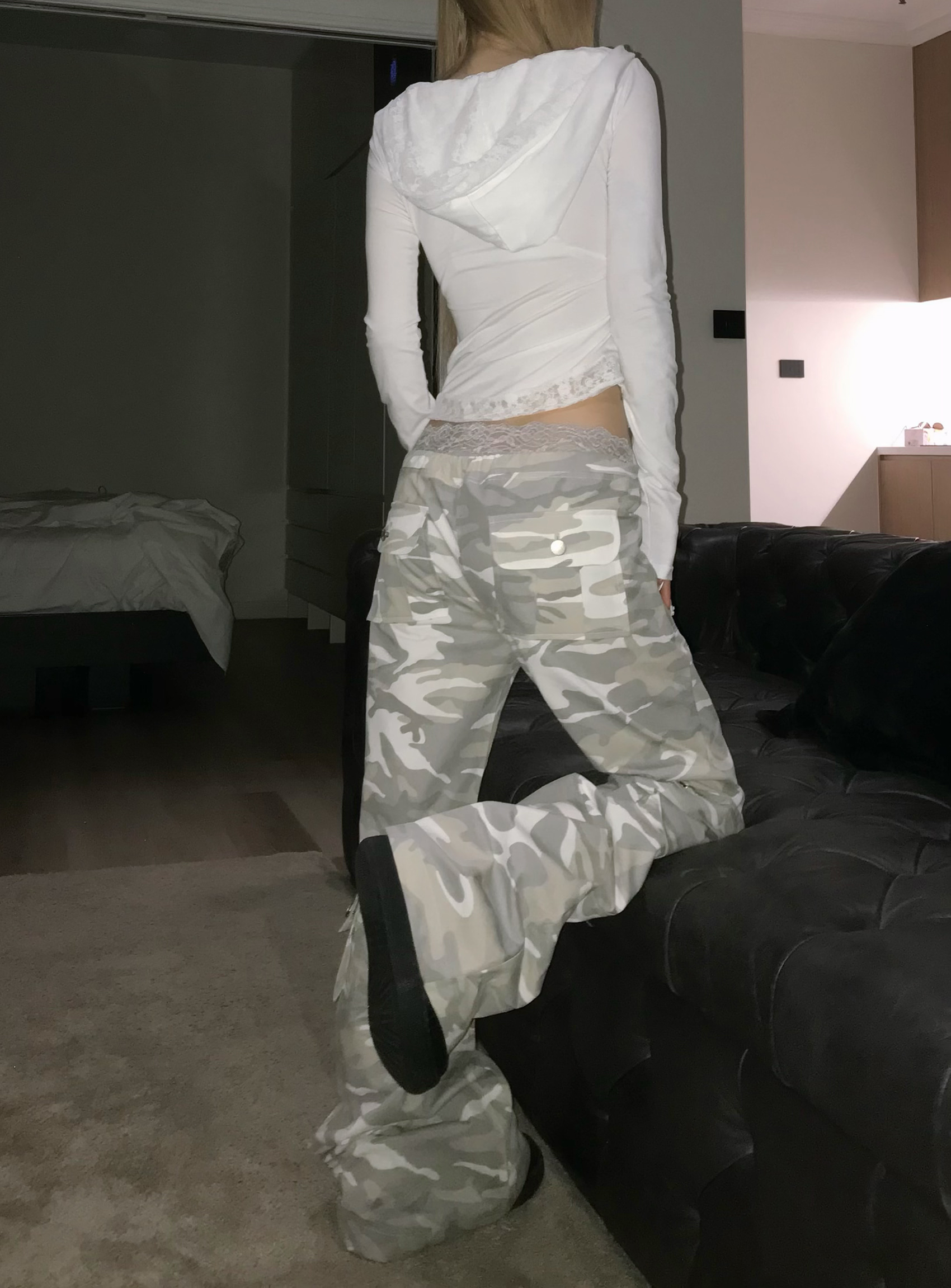 Camo Low-Rise Flare Cargo Pants
