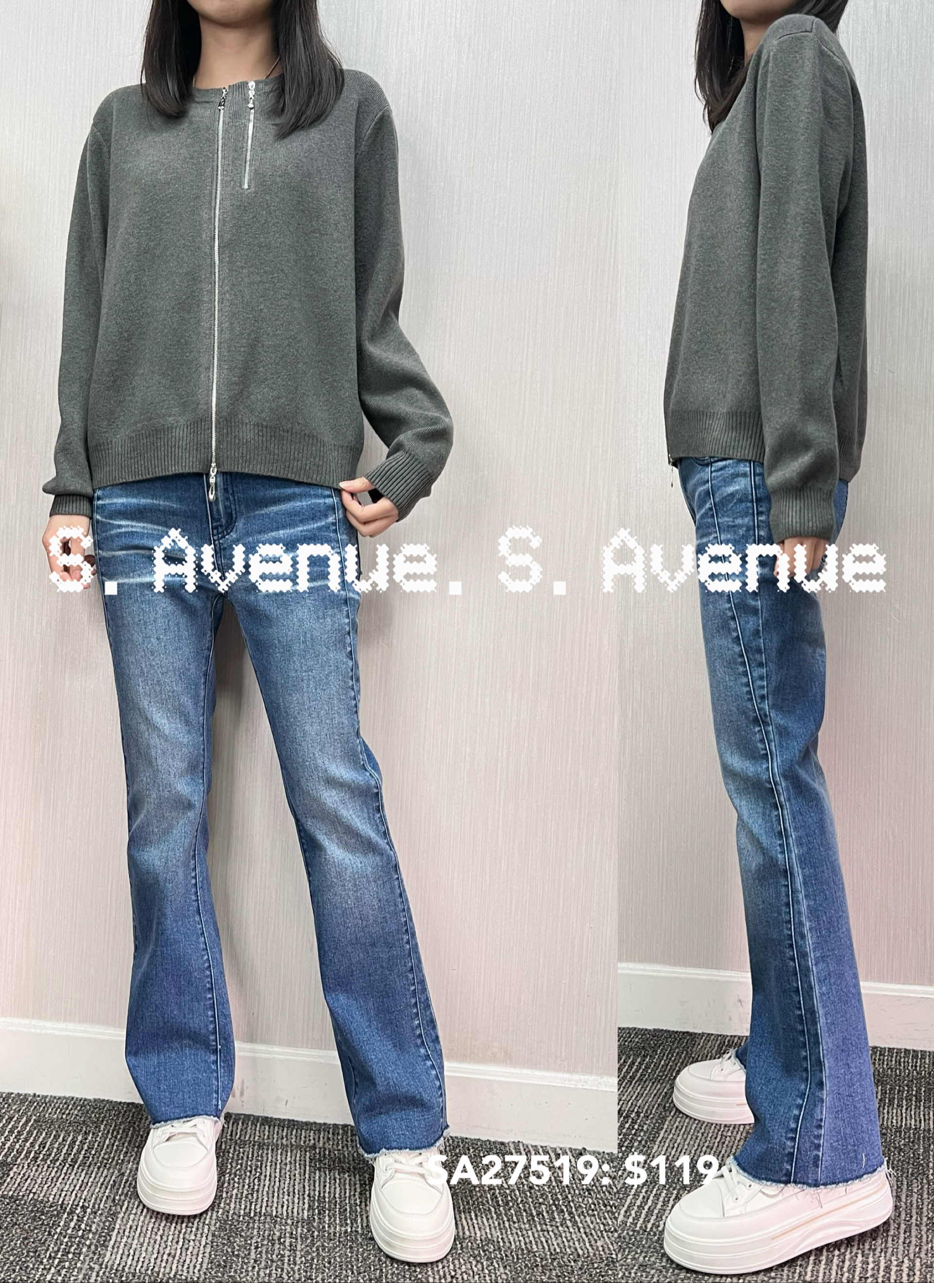 SA27519: 長袖前雙拉錬冷top