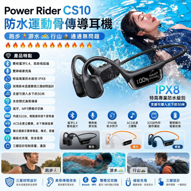 PowerRider CS10 MP3 防水骨傳導藍牙耳機 