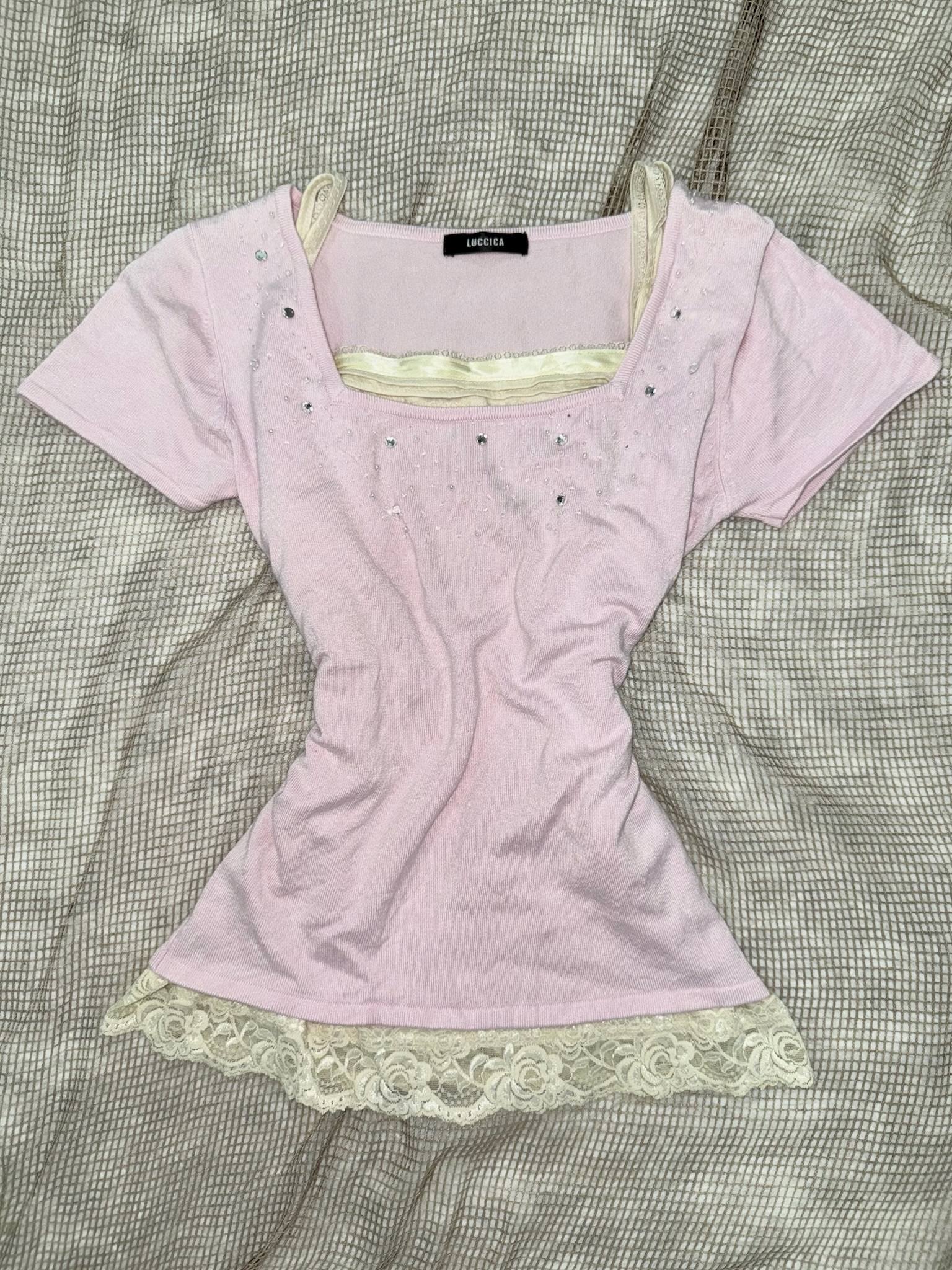 Lace Stitching Coquette Crystal-Embellished Top set