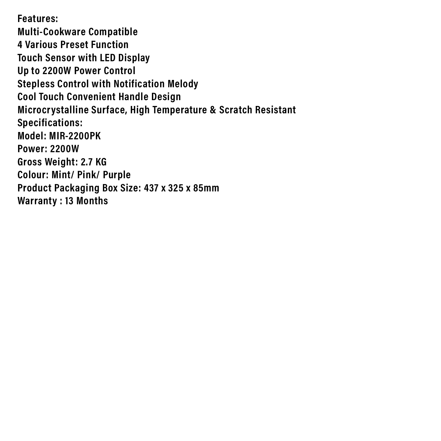 Milux 2200W Ceramic Infrared Cooker with Knob (MIR-2200PK)